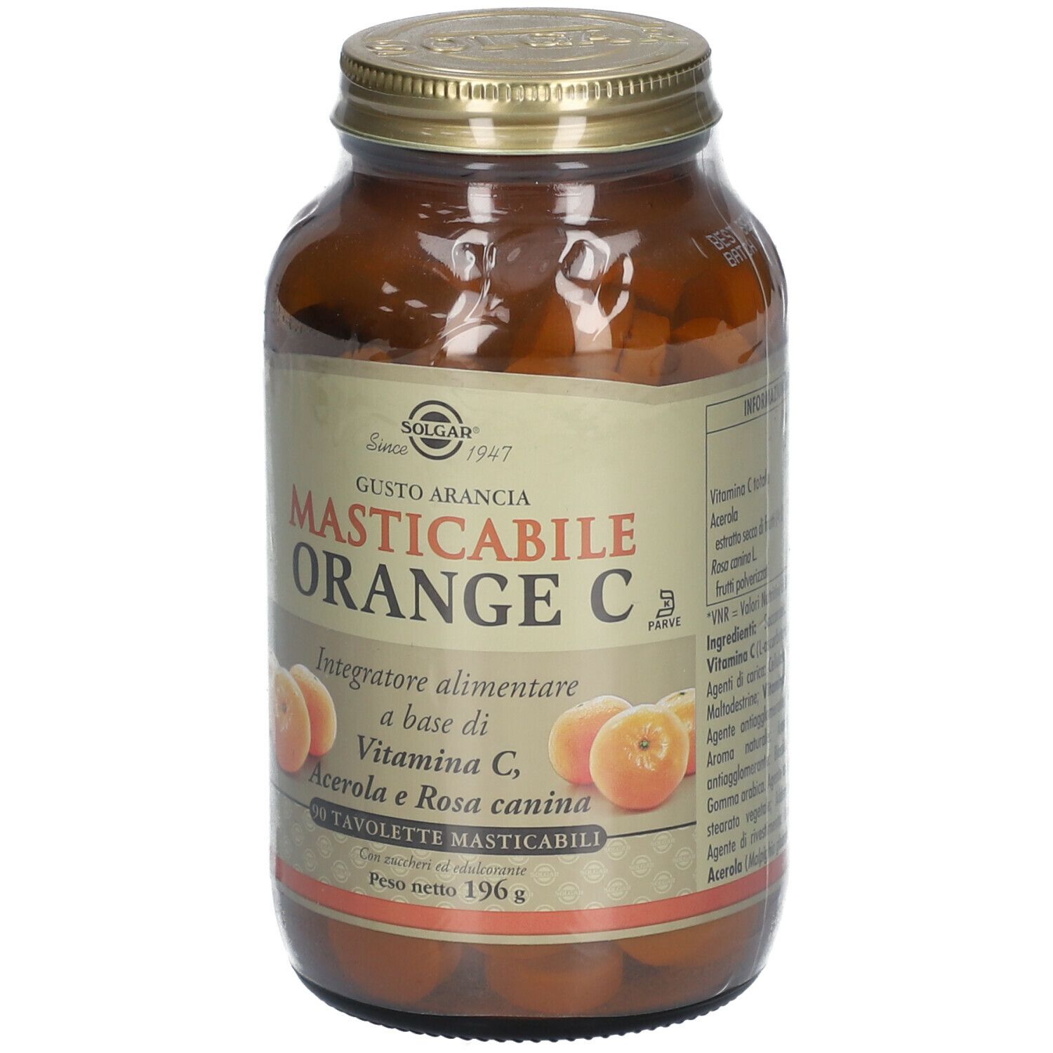 Flacone in vetro marrone con tappo dorato. Etichetta SOLGAR, Orange C Masticabile, 90 compresse. Immagini di arance.