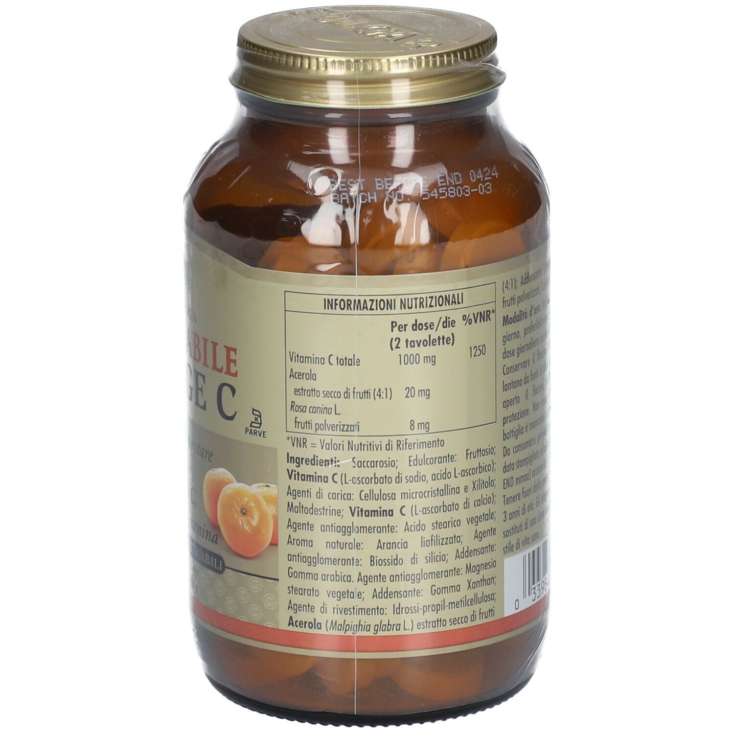 Retro del flacone in vetro marrone, tappo dorato. Etichetta con informazioni nutrizionali e ingredienti.
