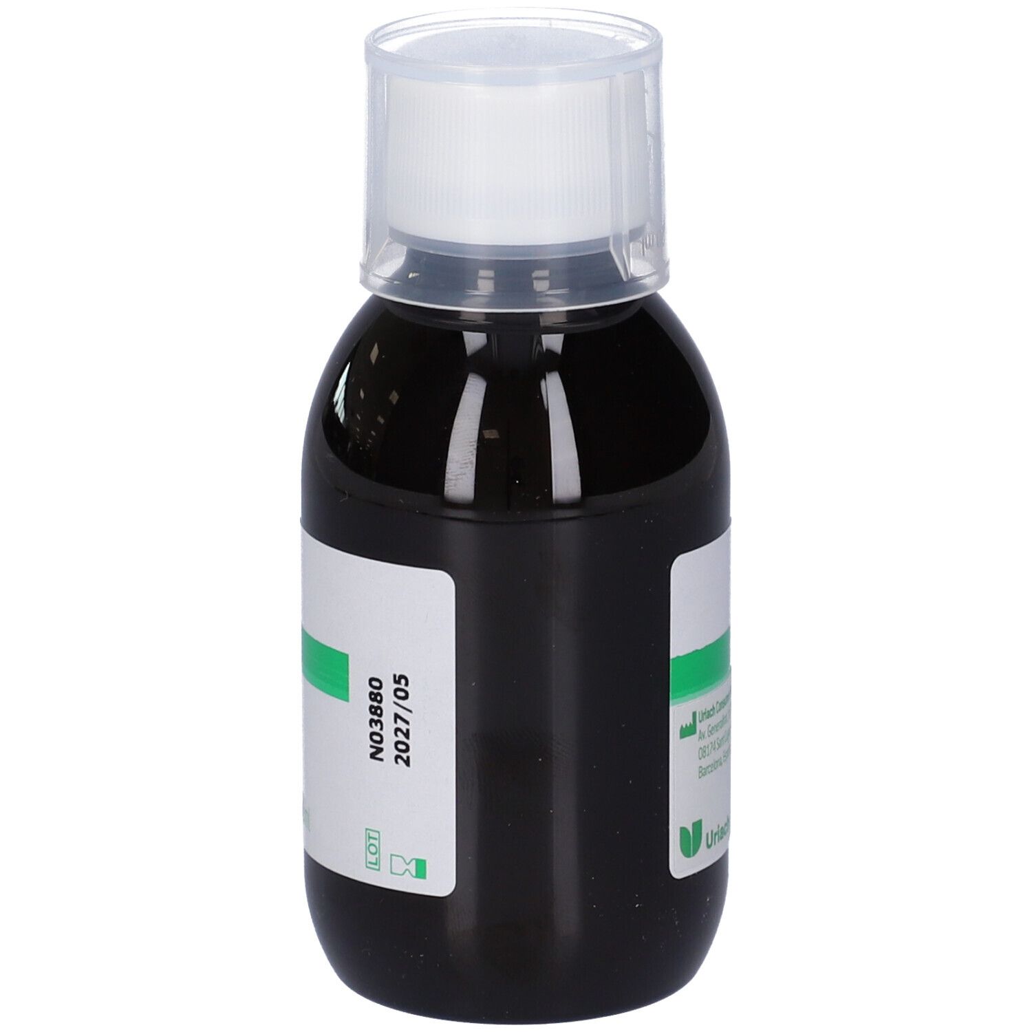 Braune Flüssigkeit in einer Flasche mit weißem Deckel. Grünes Etikett mit Chargennummer und Verfallsdatum.