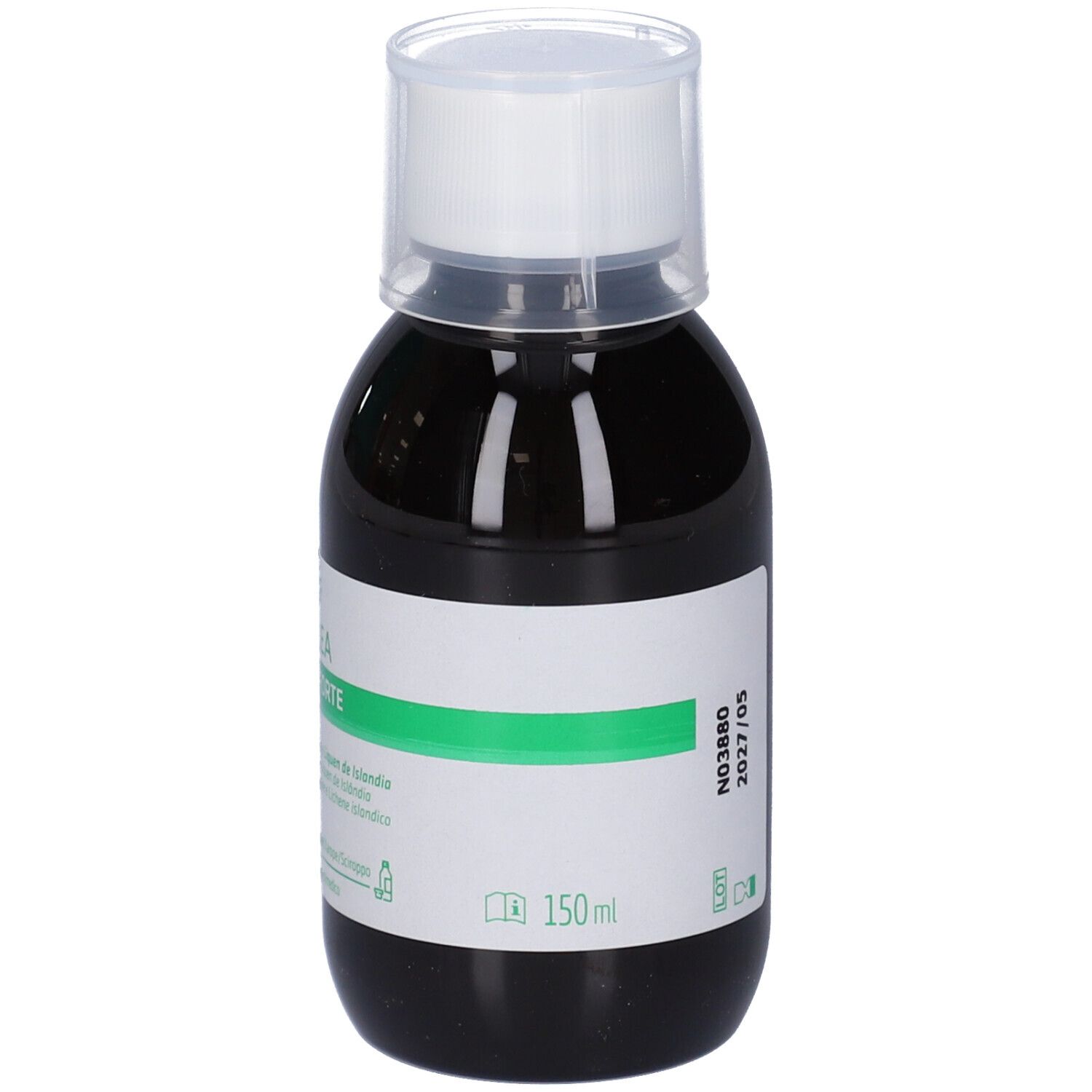 Braune Flüssigkeit in einer Flasche mit weißem Deckel. Grünes Etikett mit Chargennummer, Verfallsdatum und Volumen.