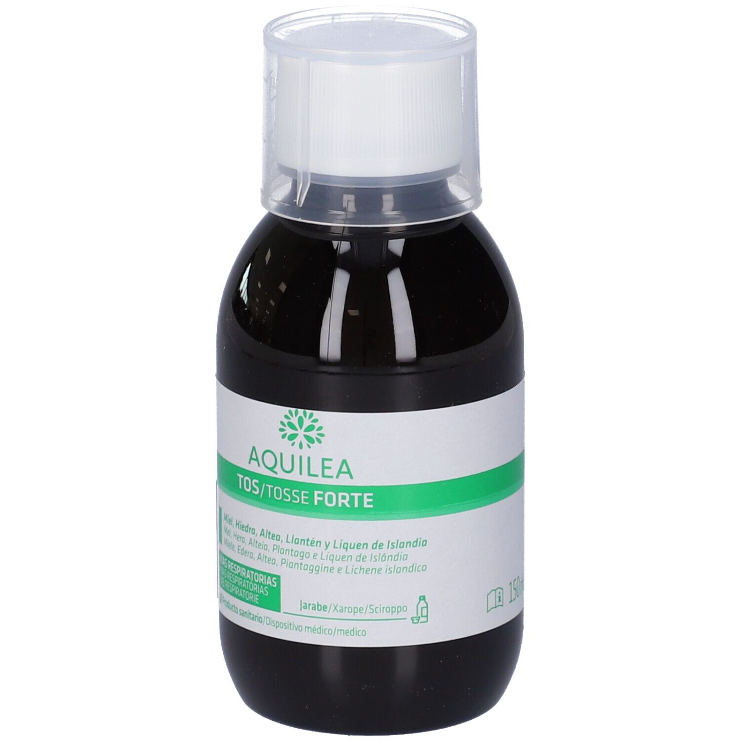 Braune Flüssigkeit in einer Flasche mit weißem Deckel. Aufschrift: AQUILEA TOS/TOSSE FORTE. Grünes Etikett mit Produktinformationen.