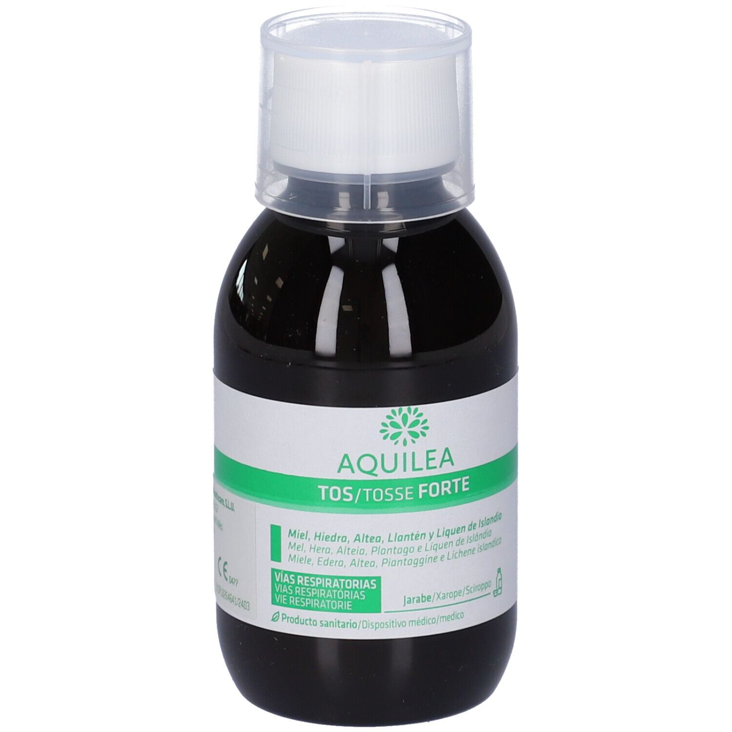 Braune Flüssigkeit in einer Flasche mit weißem Deckel. Aufschrift: AQUILEA TOS/TOSSE FORTE. Grünes Etikett mit Produktinformationen.