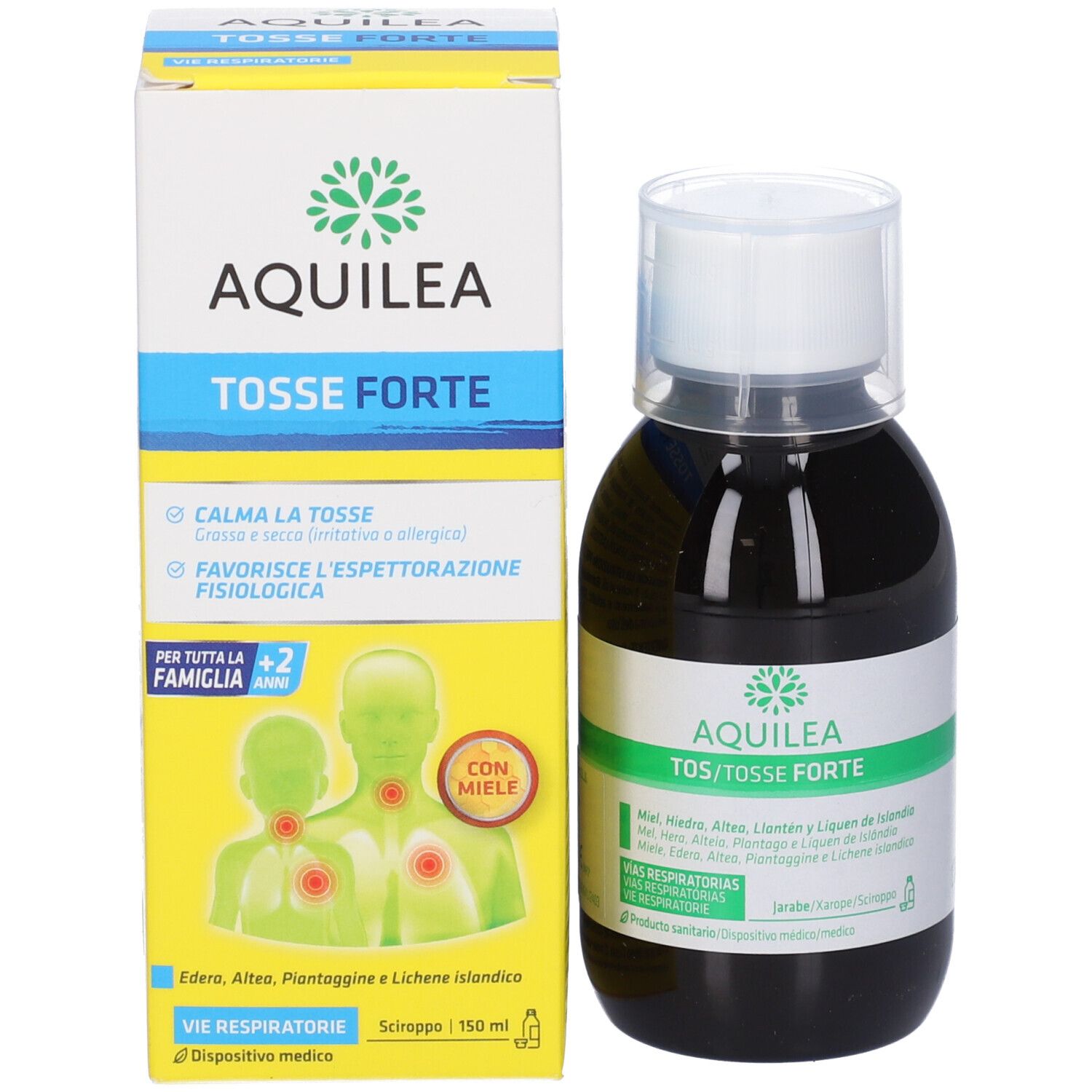 Produktverpackung und Flasche. Aufschrift: AQUILEA TOSSE FORTE. Abbildung von Personen. Flasche mit brauner Flüssigkeit.