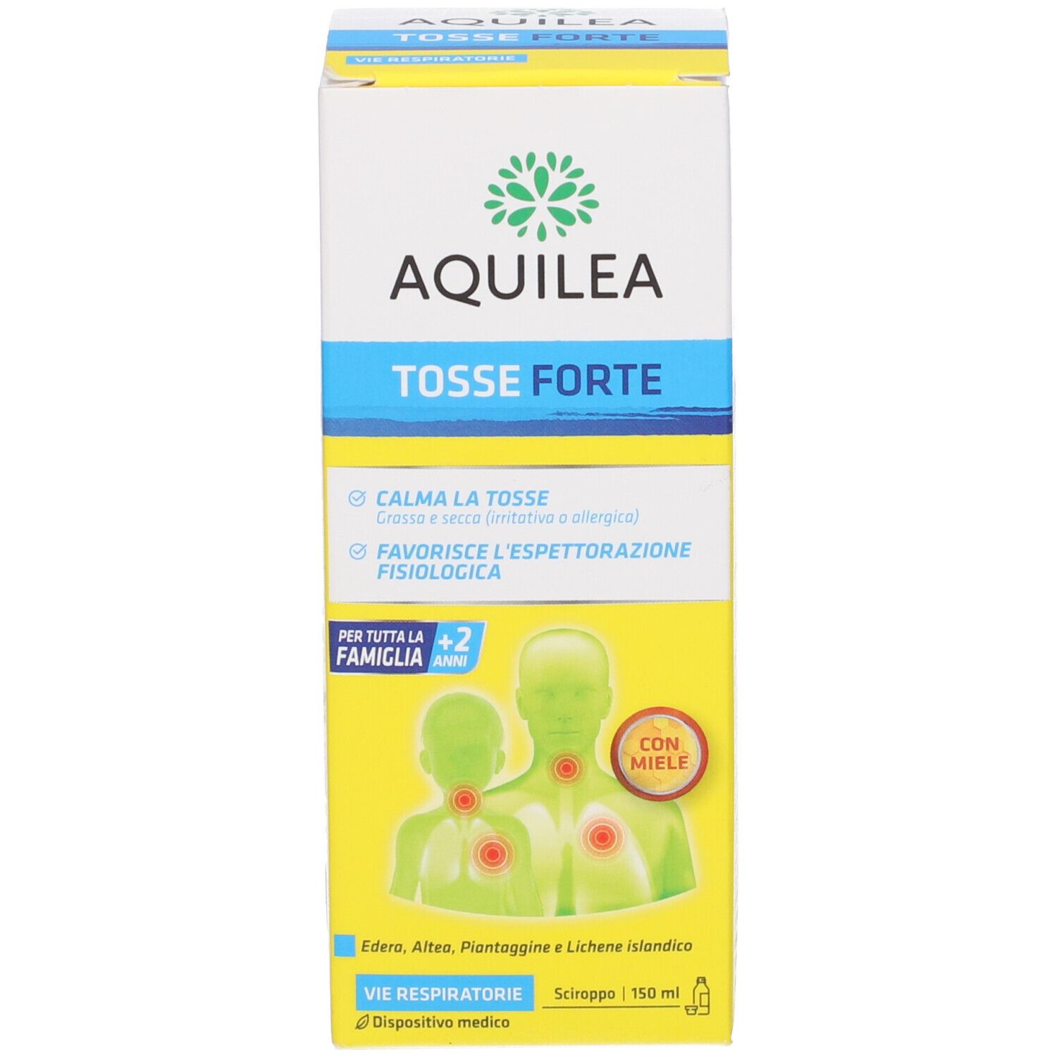 Produktverpackung. Aufschrift: AQUILEA TOSSE FORTE. Abbildung von Personen. Gelber Hintergrund mit blauen Akzenten.