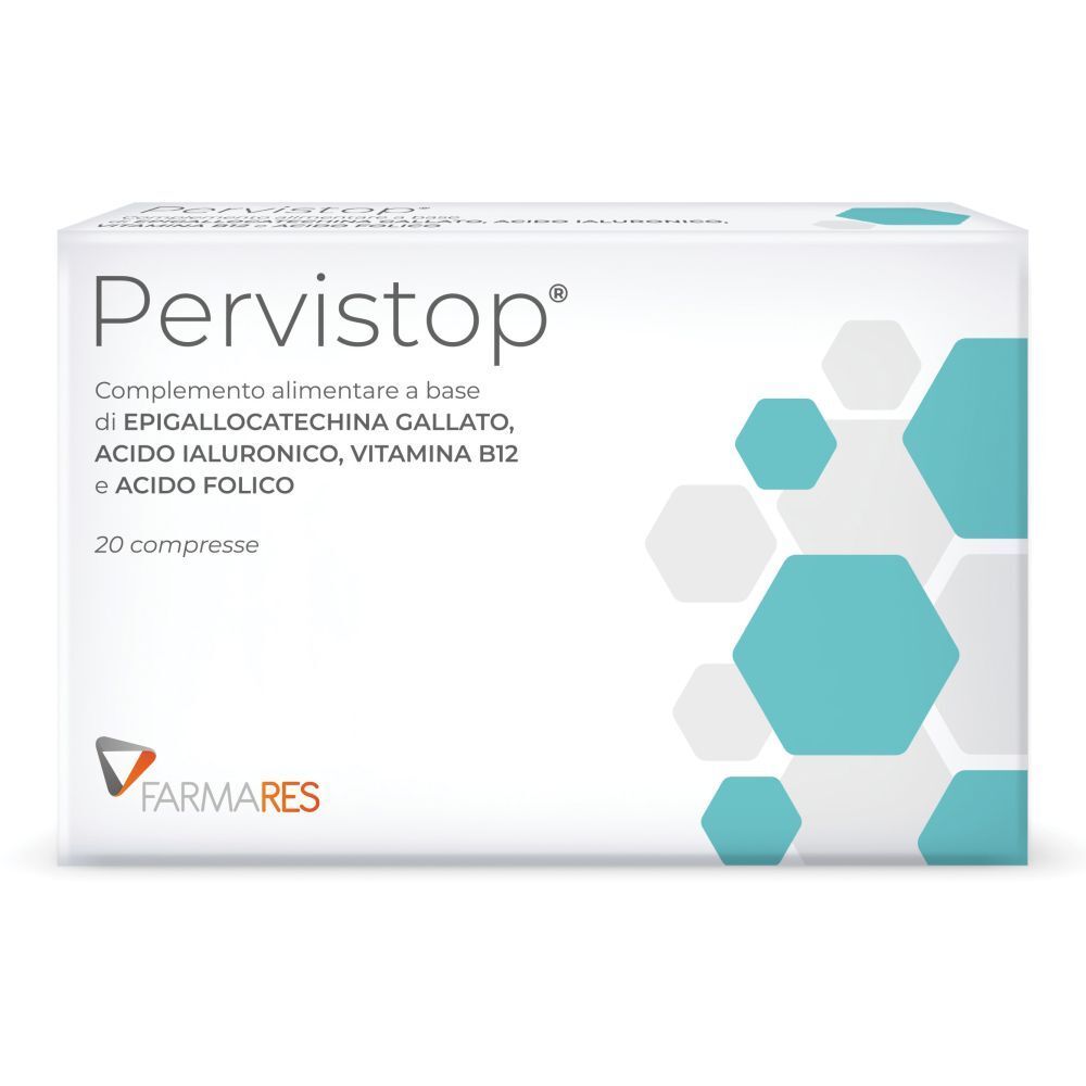 Scatola bianca con logo "Pervistop" e dettagli. Motivi geometrici turchesi. Marchio: Farmares. 20 compresse.