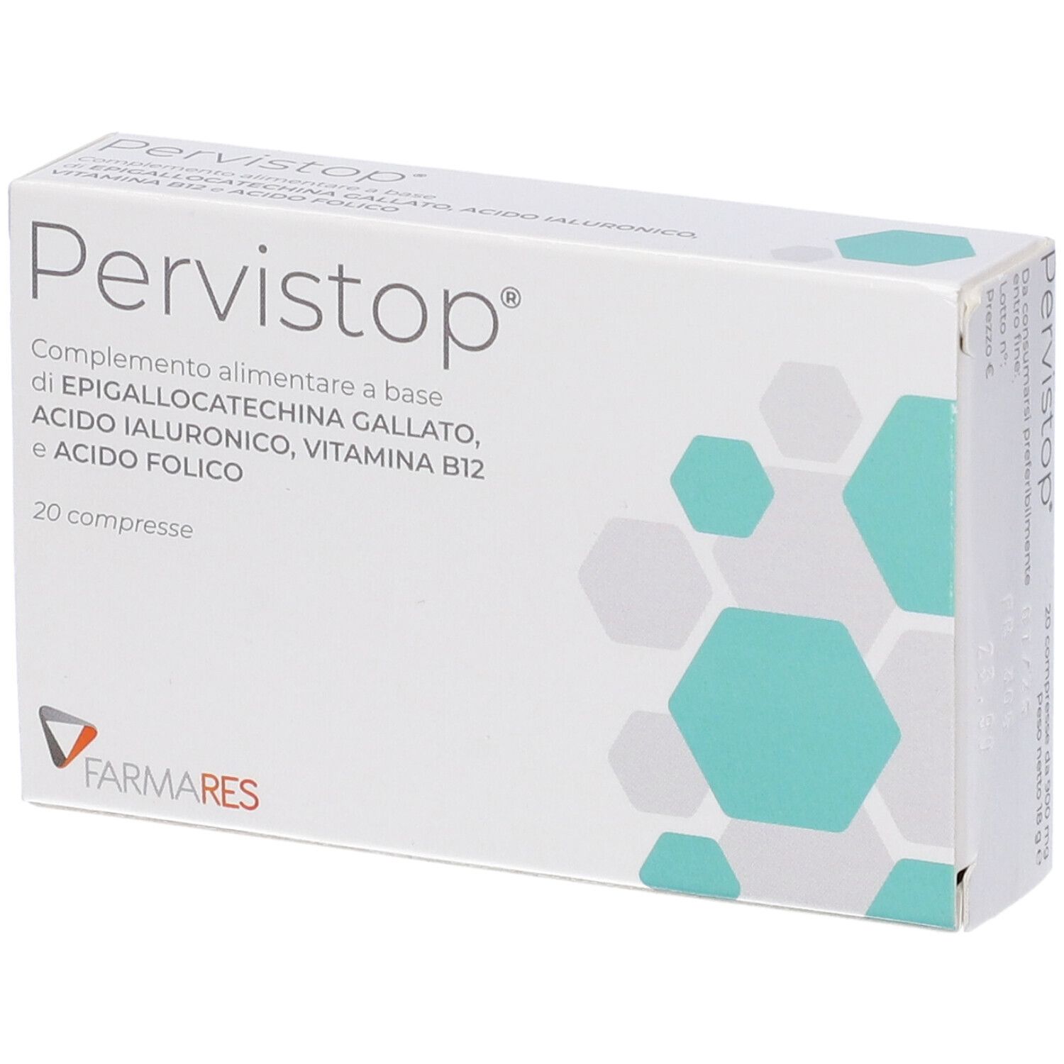 Scatola "Pervistop" in prospettiva. Logo, dettagli e motivi geometrici turchesi. Marchio: Farmares. 20 compresse.