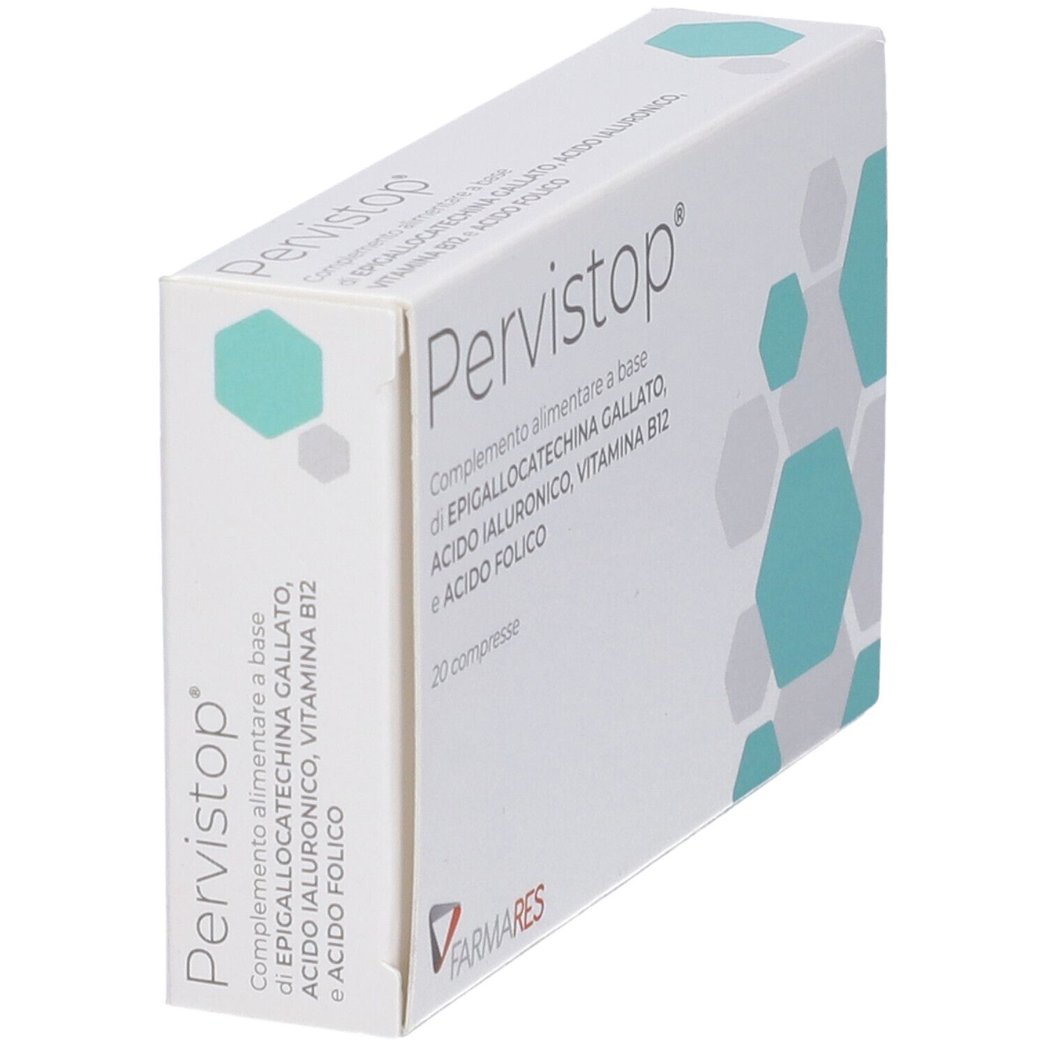 Scatola "Pervistop" in prospettiva. Logo, dettagli e motivi geometrici turchesi. Marchio: Farmares. 20 compresse.
