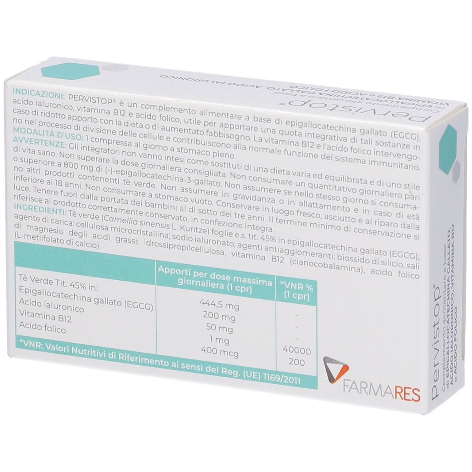 Retro della scatola "Pervistop" con ingredienti e informazioni nutrizionali. Marchio: Farmares. Testo in italiano.
