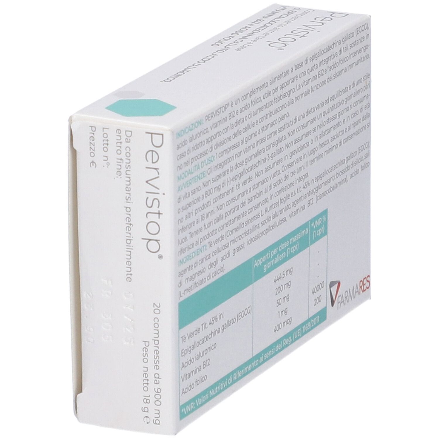 Scatola "Pervistop" in prospettiva. Retro con ingredienti e informazioni nutrizionali. Marchio: Farmares. Testo in italiano.