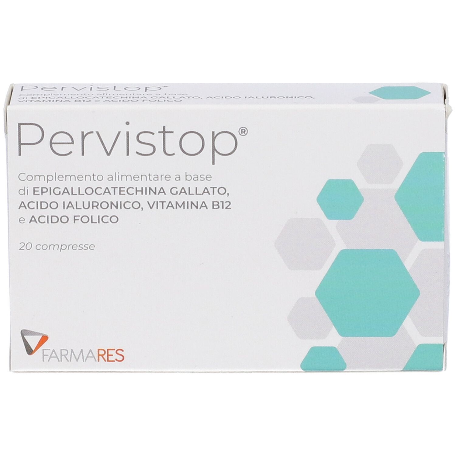 Scatola bianca con logo "Pervistop" e dettagli. Motivi geometrici turchesi. Marchio: Farmares. 20 compresse.