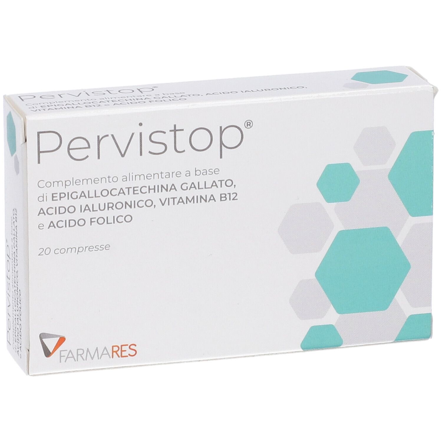 Scatola bianca con logo "Pervistop" e dettagli. Motivi geometrici turchesi. Marchio: Farmares. 20 compresse.