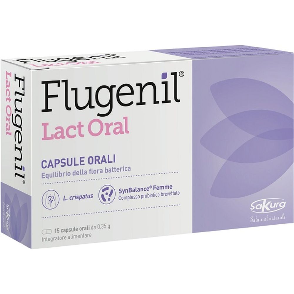 Scatola Sakura Flugenil Lact Oral. Scatola bianca e lilla con nome del prodotto e loghi. 15 capsule.