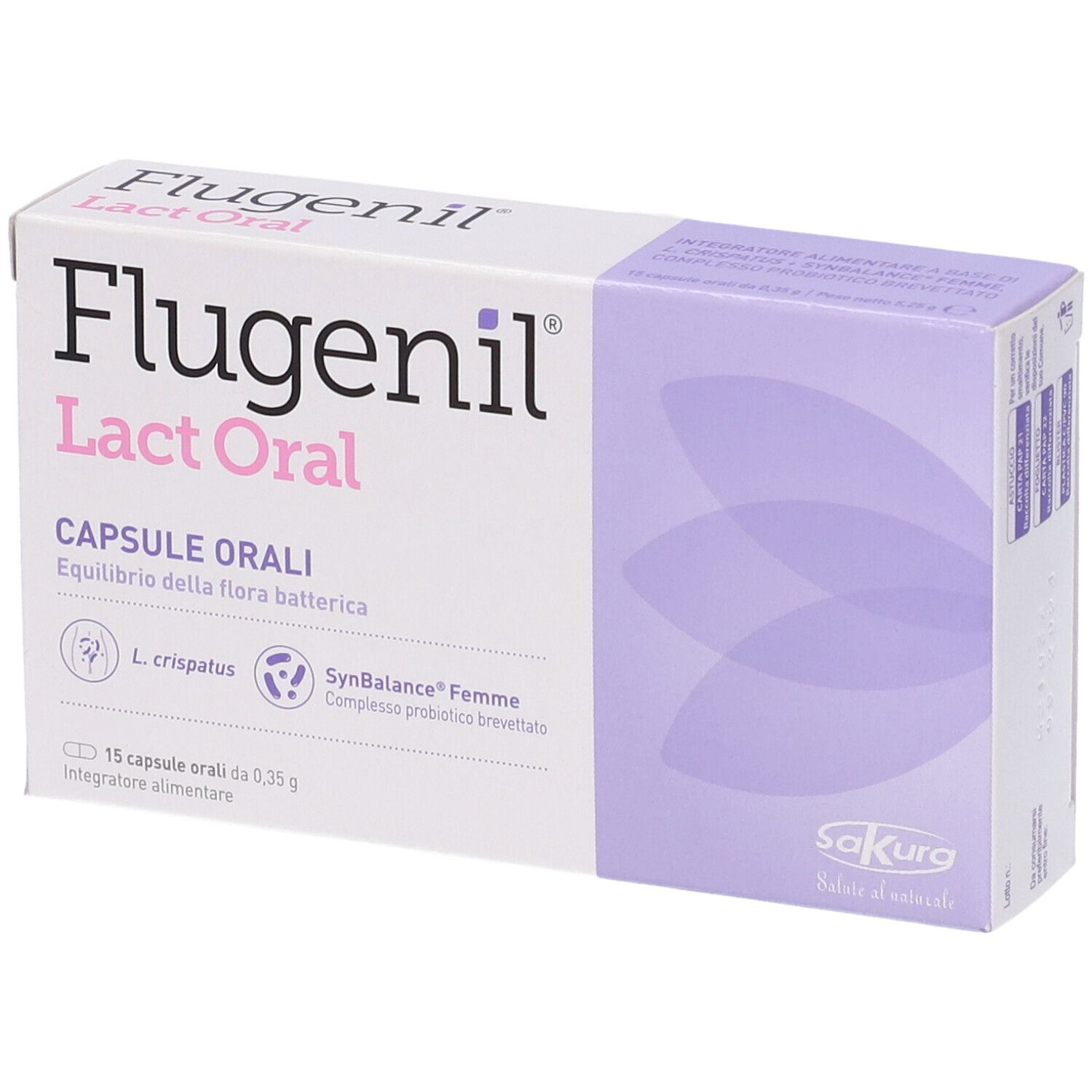 Scatola Sakura Flugenil Lact Oral, in diagonale. Scatola bianca e lilla con nome del prodotto e loghi. 15 capsule.