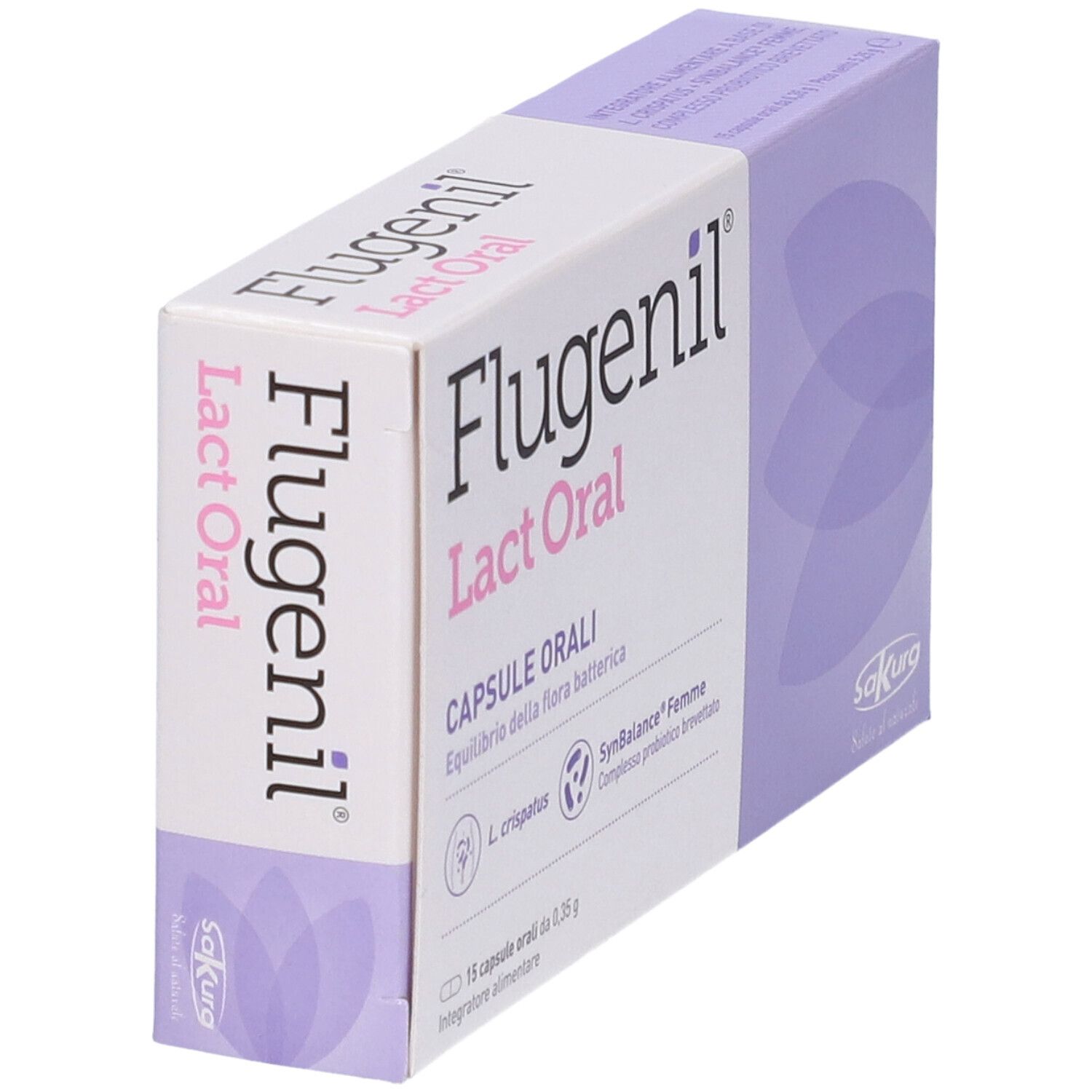 Scatola Sakura Flugenil Lact Oral, in diagonale. Scatola bianca e lilla con nome del prodotto e loghi. 15 capsule.