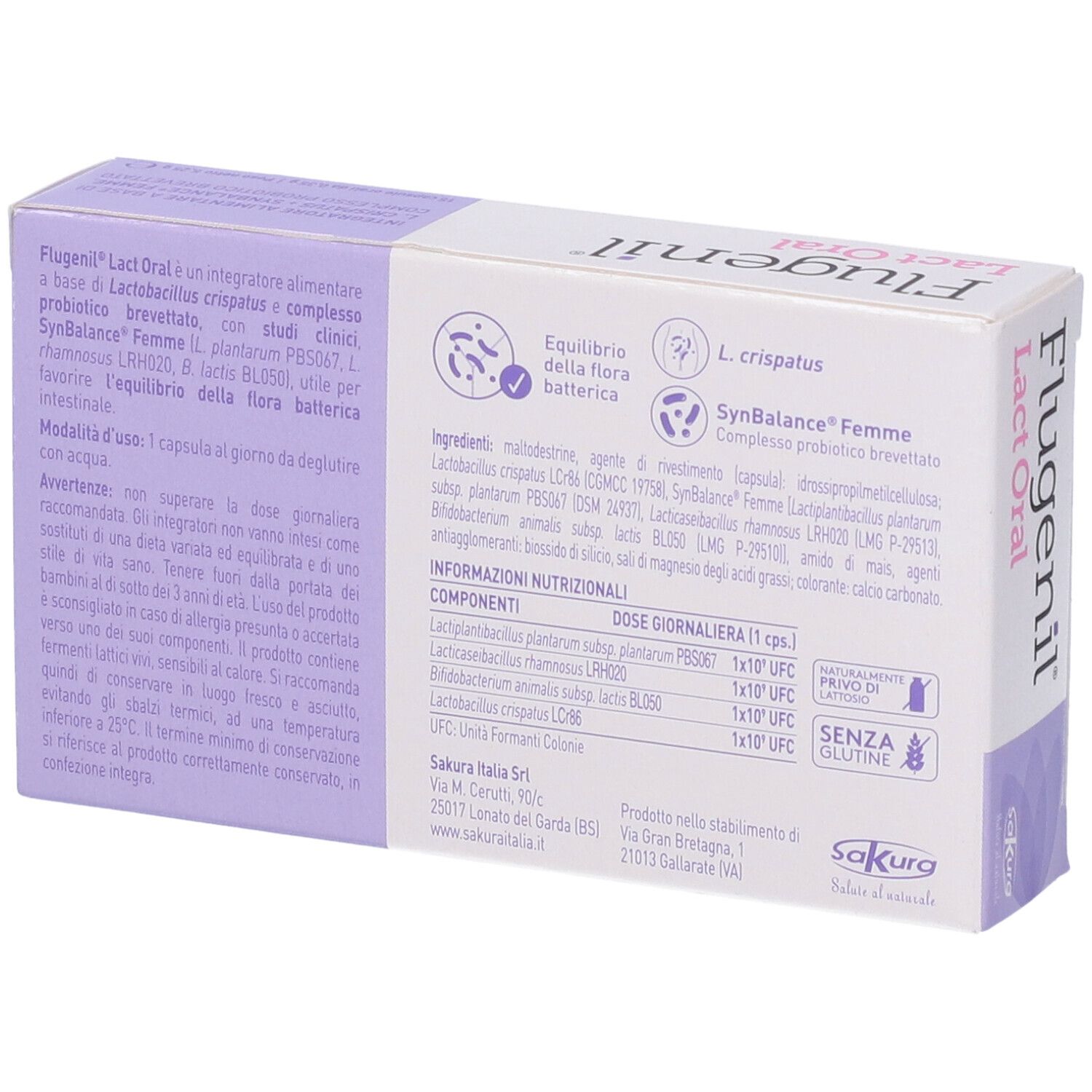 Retro della scatola Sakura Flugenil Lact Oral. Testo con ingredienti e informazioni. Bianco e lilla.