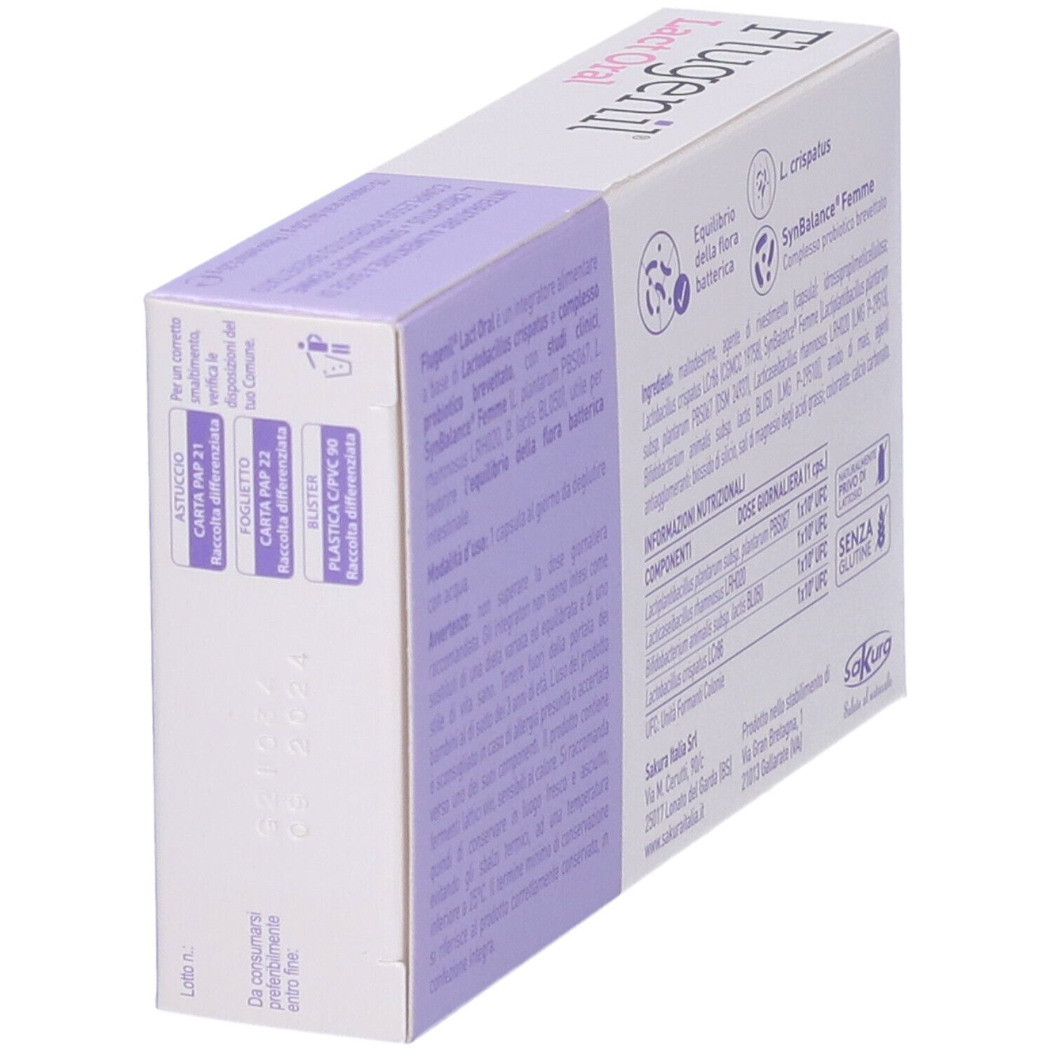 Parte superiore della scatola Sakura Flugenil Lact Oral. Testo con informazioni. Bianco e lilla.