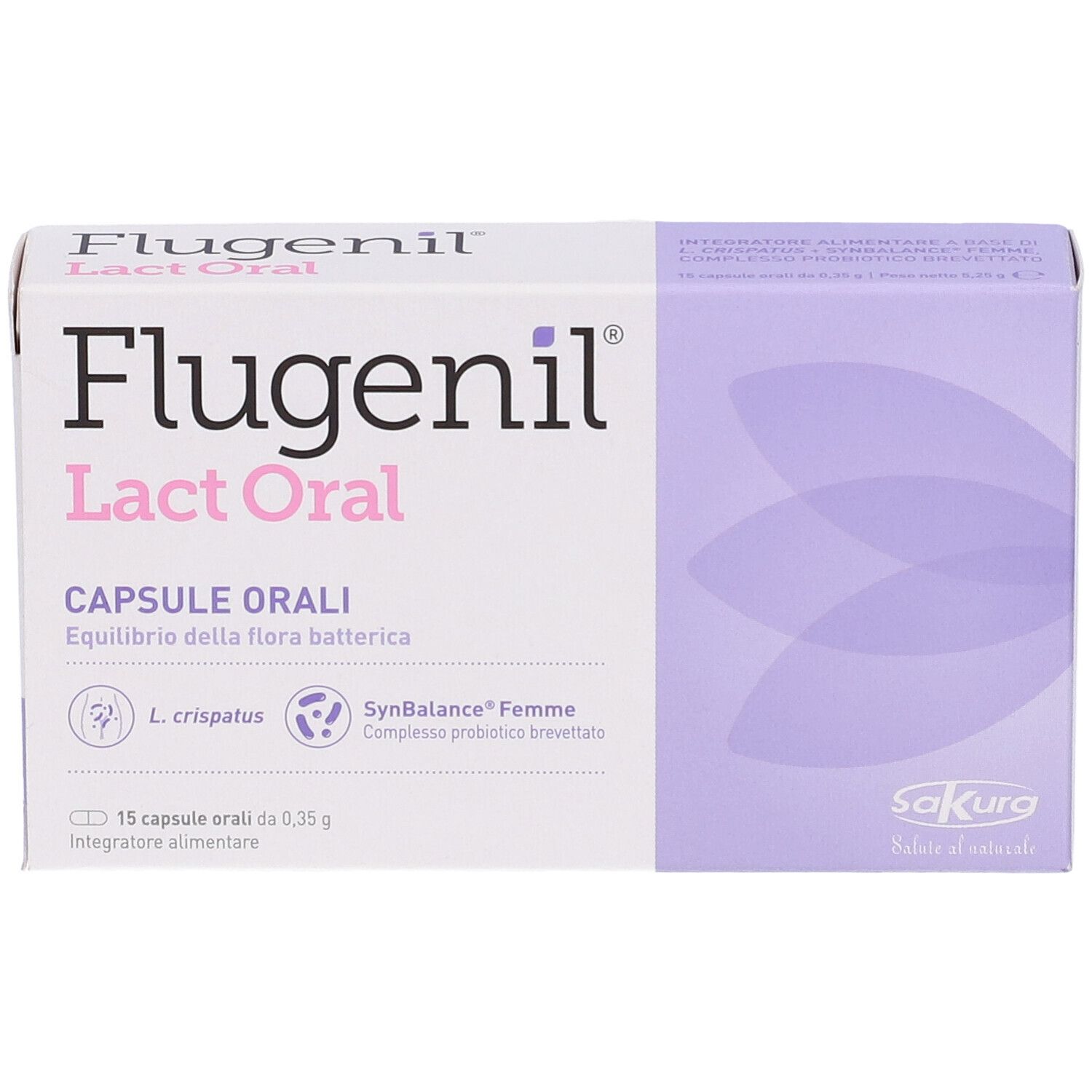 Scatola Sakura Flugenil Lact Oral. Scatola bianca e lilla con nome del prodotto e loghi. 15 capsule.