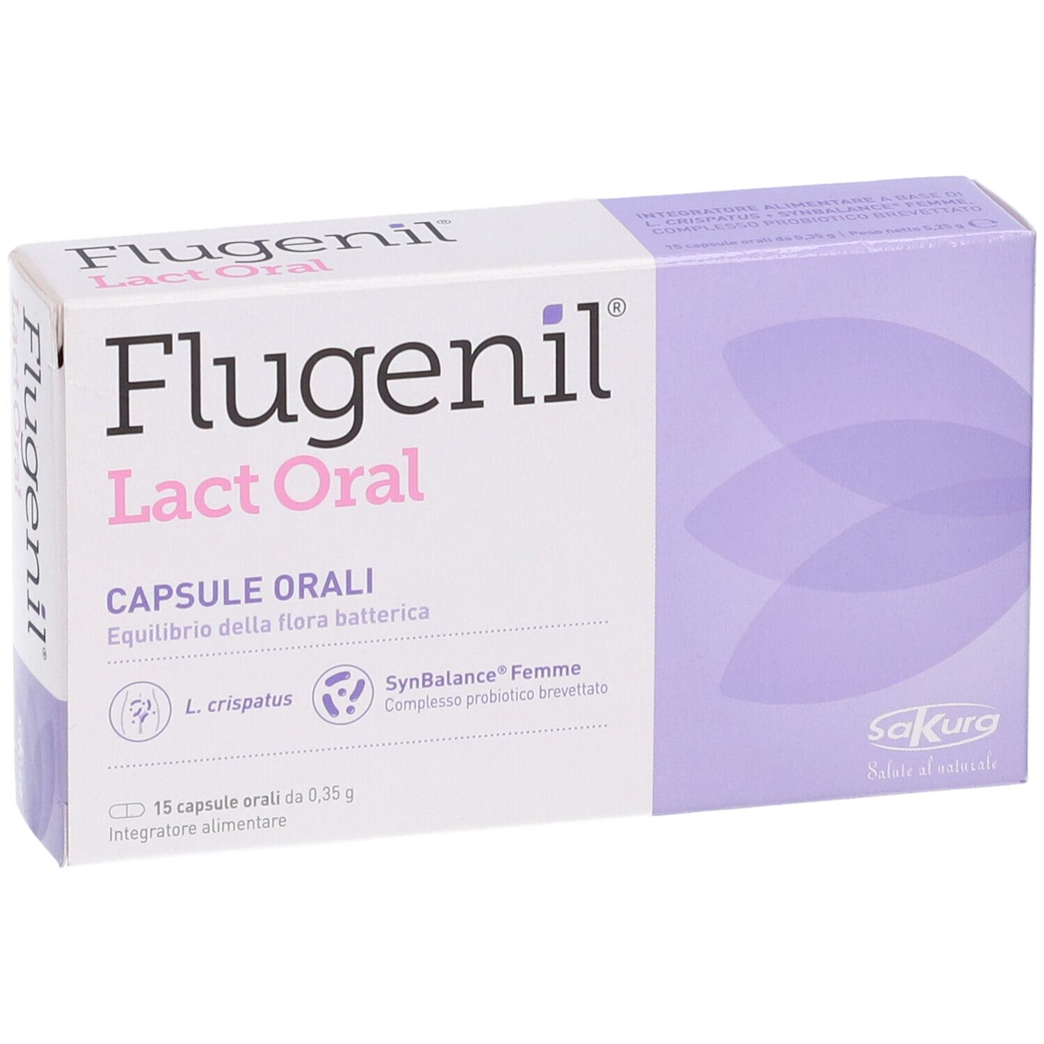Scatola Sakura Flugenil Lact Oral. Scatola bianca e lilla con nome del prodotto e loghi. 15 capsule.