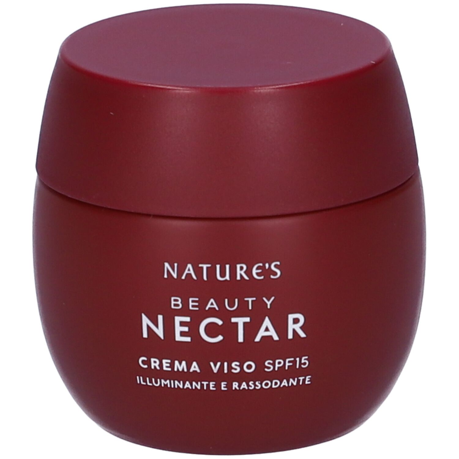 Vaso di crema bordeaux con coperchio. Scritta: NATURE'S BEAUTY NECTAR, CREMA VISO SPF15. Testo sottostante.