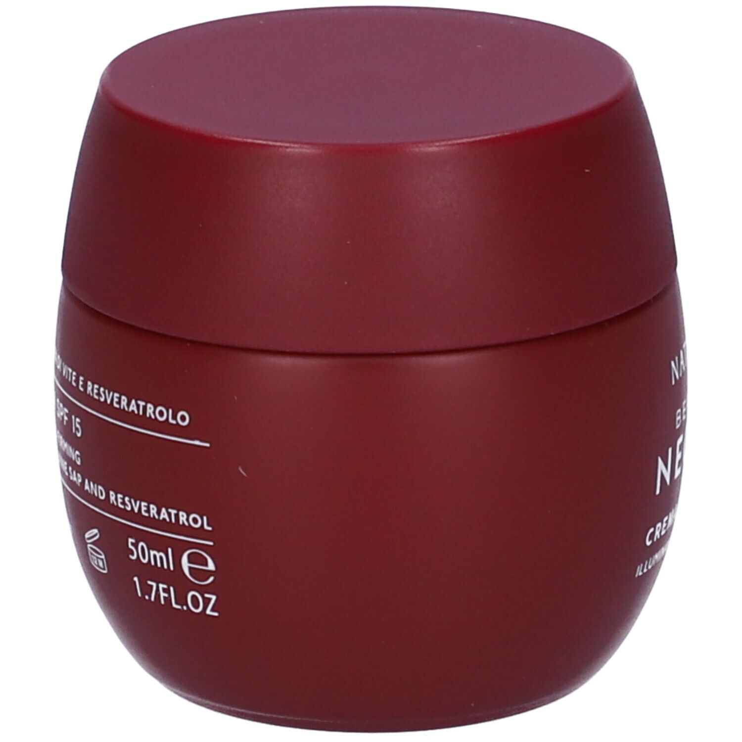 Vaso di crema bordeaux con coperchio. Scritta: NATURE'S BEAUTY NECTAR. Testo e informazioni sulla composizione e le dimensioni.