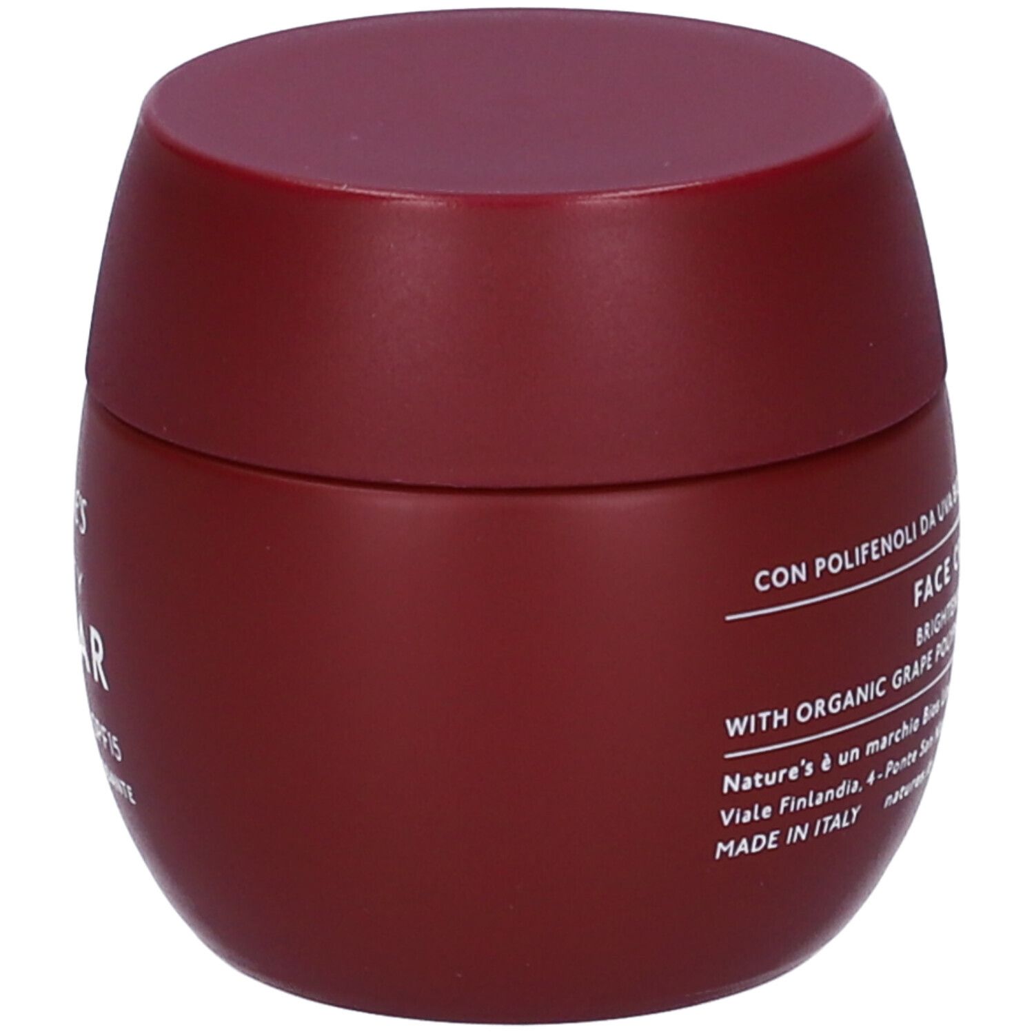 Vaso di crema bordeaux con coperchio. Scritta: FACE CREAM SPF 15. Testo con ingredienti e informazioni del produttore.