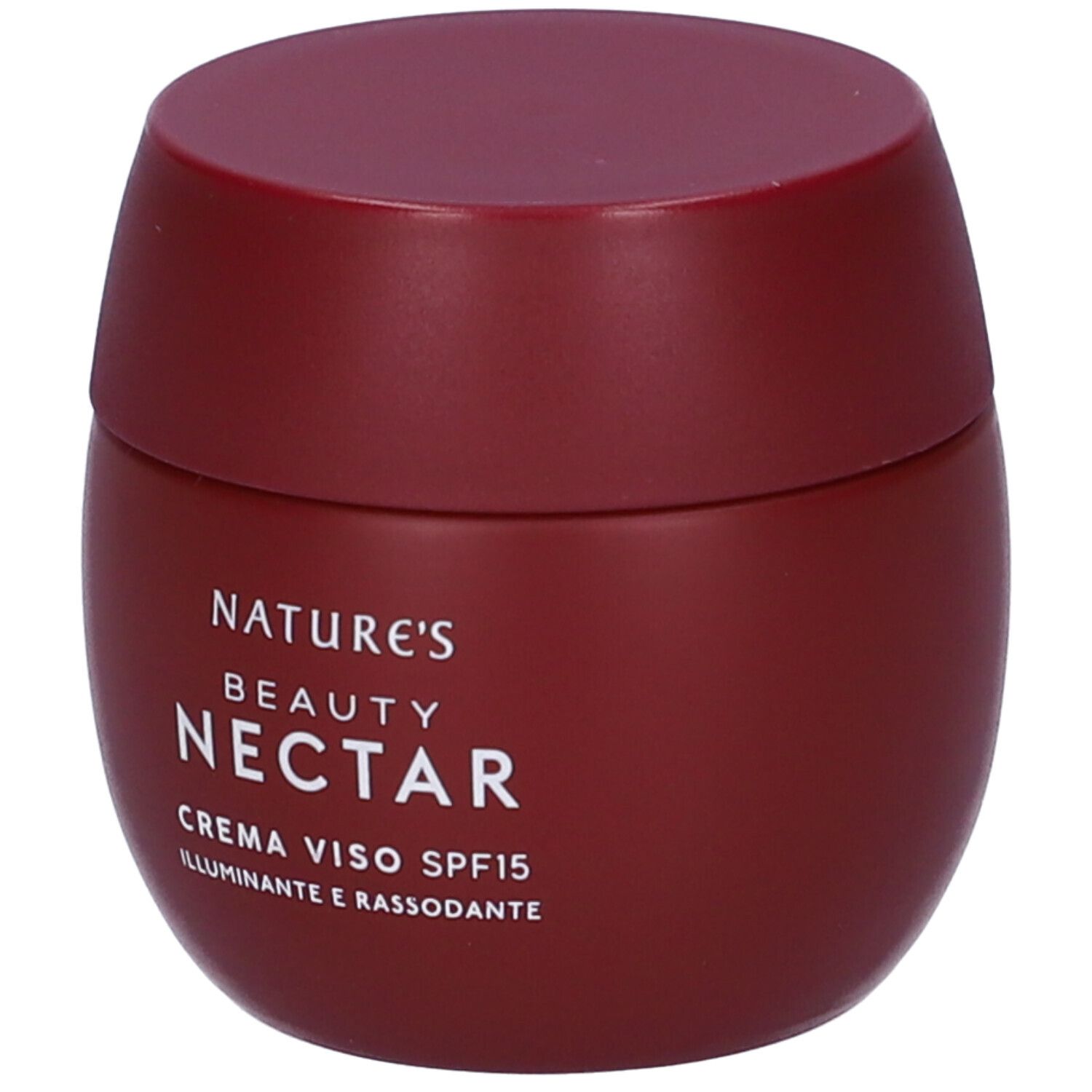 Vaso di crema bordeaux con coperchio. Scritta: NATURE'S BEAUTY NECTAR, CREMA VISO SPF15. Testo sottostante.