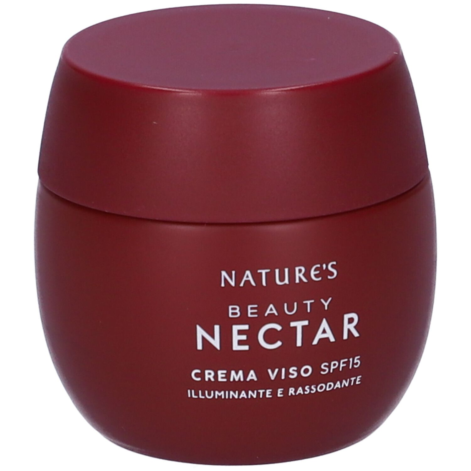 Vaso di crema bordeaux con coperchio. Scritta: NATURE'S BEAUTY NECTAR, CREMA VISO SPF15. Testo sottostante.