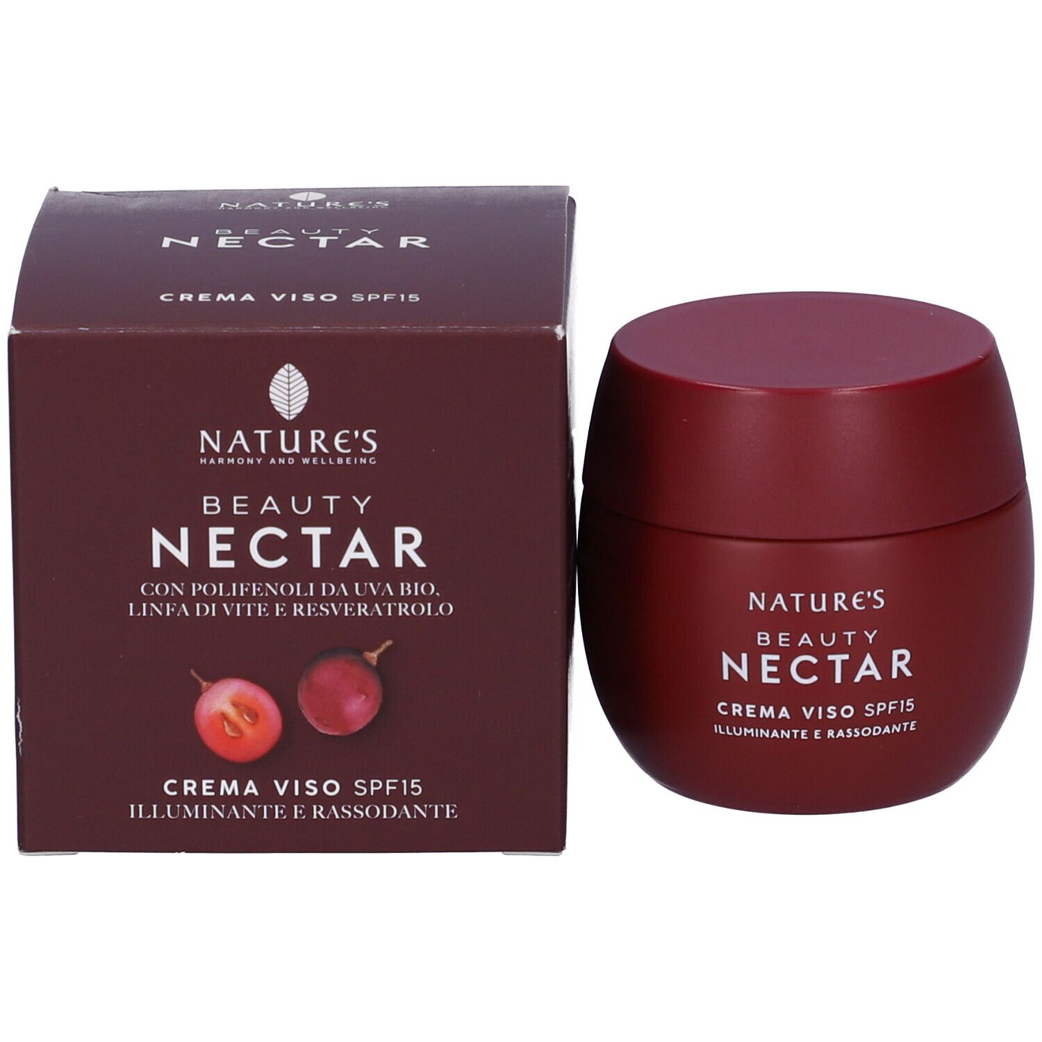 Vaso di crema e scatola. Scritta: NATURE'S BEAUTY NECTAR, CREMA VISO SPF15. Immagine di uva.