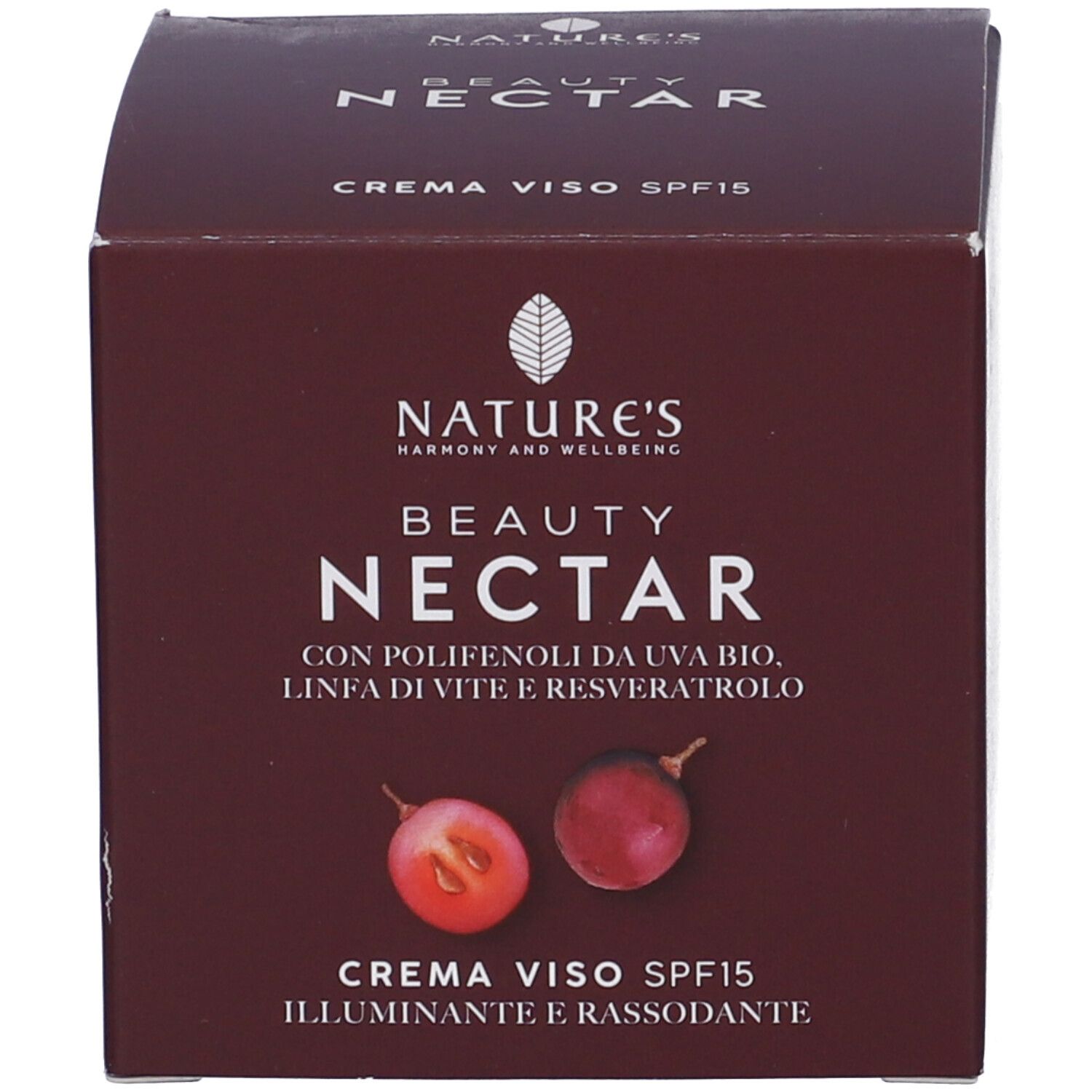 Scatola con vaso di crema. Scritta: NATURE'S BEAUTY NECTAR, CREMA VISO SPF15. Immagine di uva.