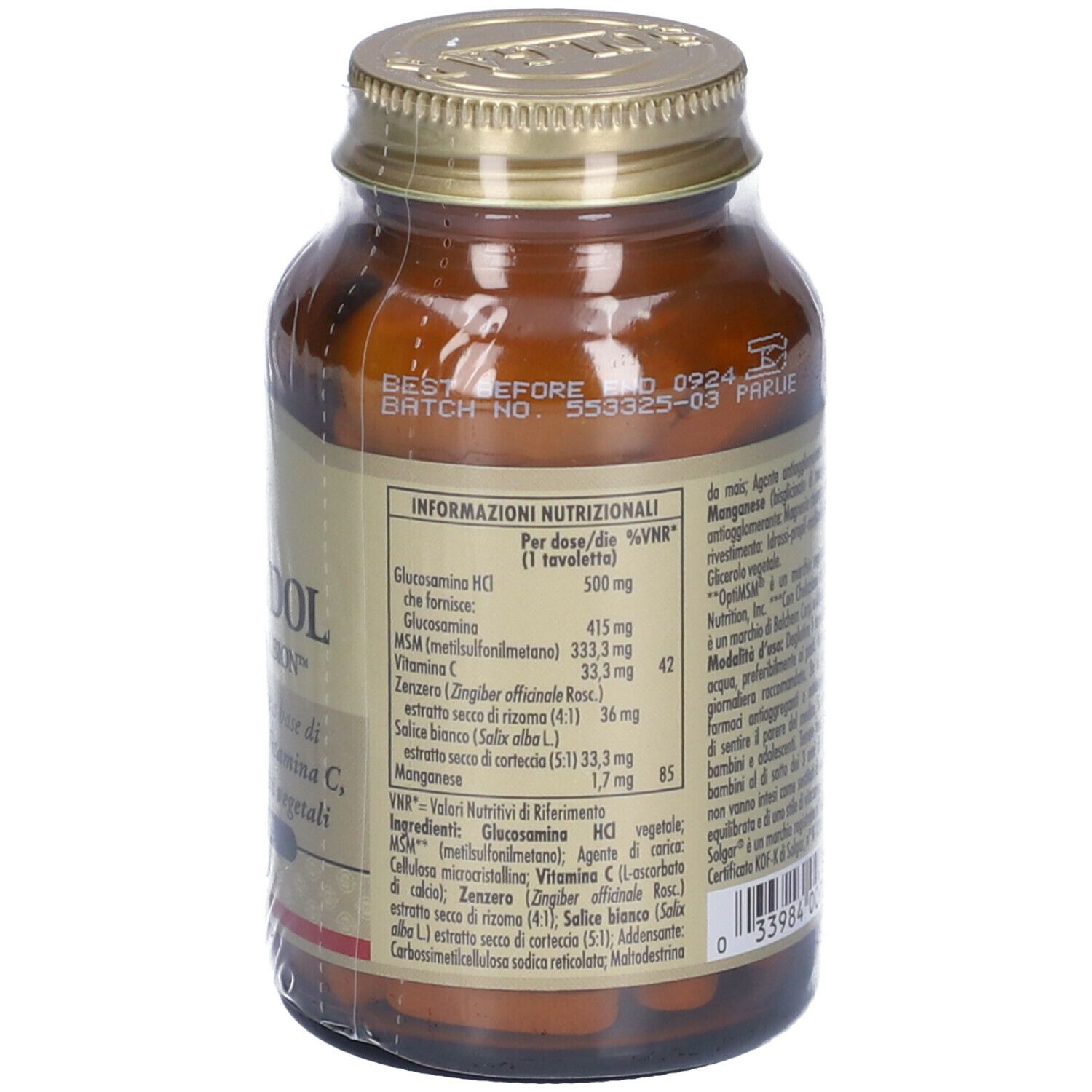 Flacone di vetro marrone con tappo dorato. Etichetta con informazioni nutrizionali e ingredienti. Contiene VEGARTIDOL.