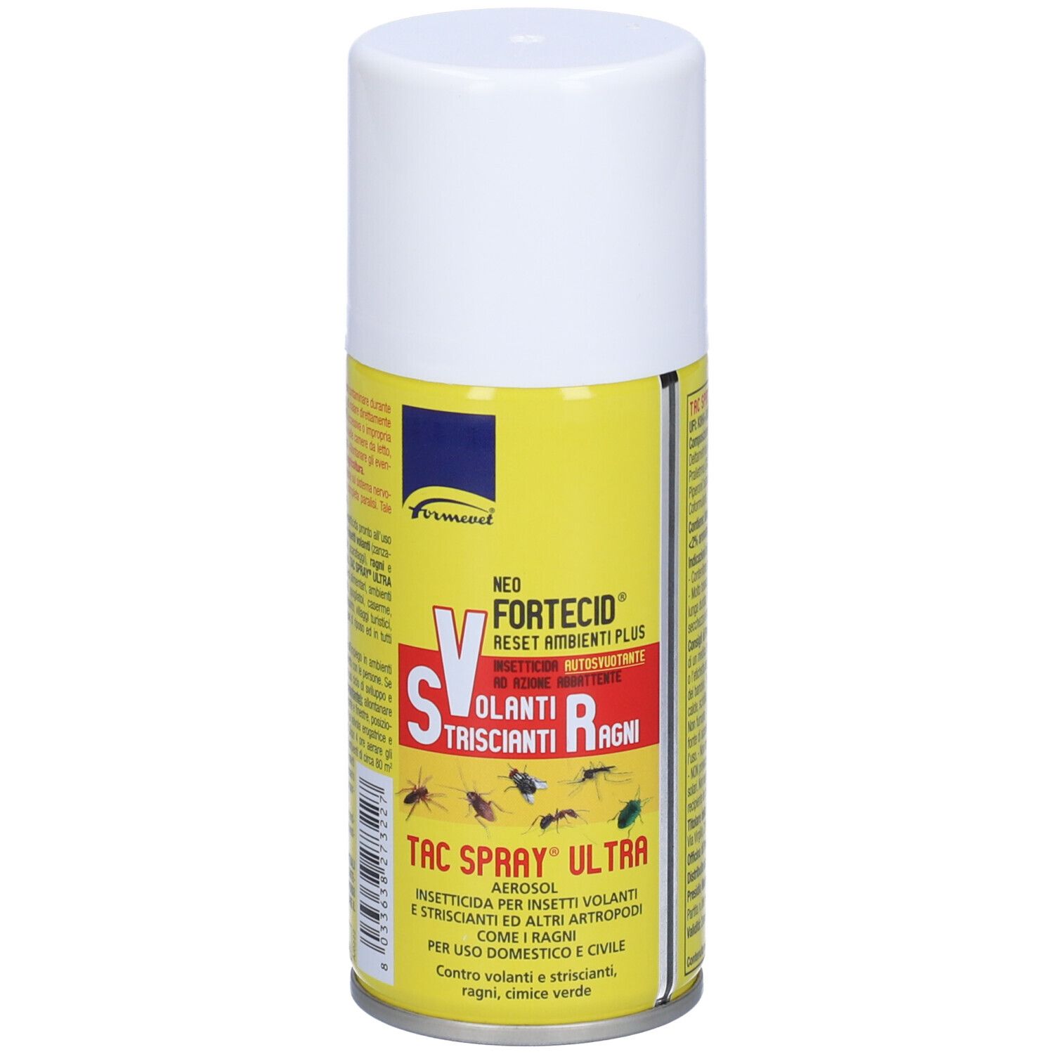 Spray aerosol con tappo bianco ed etichetta gialla. Scritta: Neo Fortecid Reset Ambienti Plus. Contro insetti volanti e striscianti.