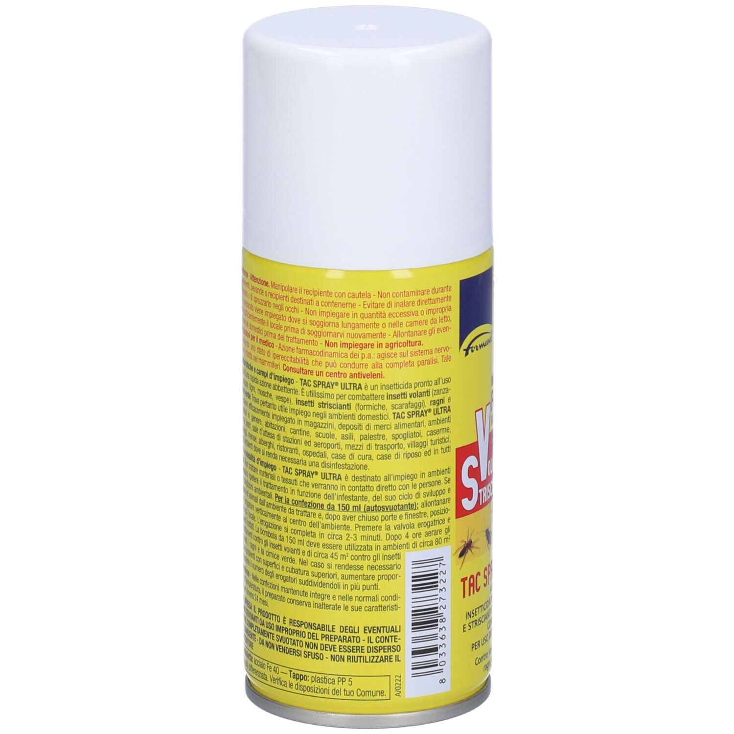 Spray aerosol, etichetta gialla con testo. Contiene avvertenze e istruzioni per l'uso. Tappo bianco. Testo in italiano.