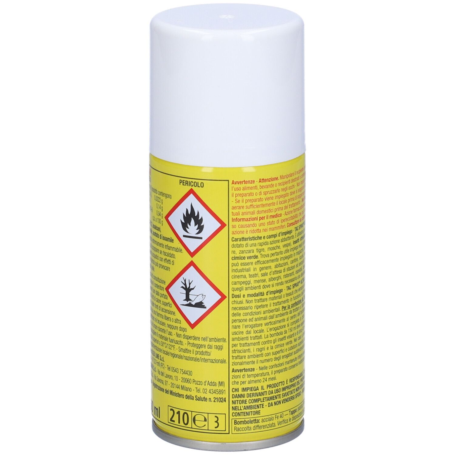 Spray aerosol con etichetta gialla e tappo bianco. Mostra simboli di pericolo: fiamma, albero con pianta morta. Testo in italiano.
