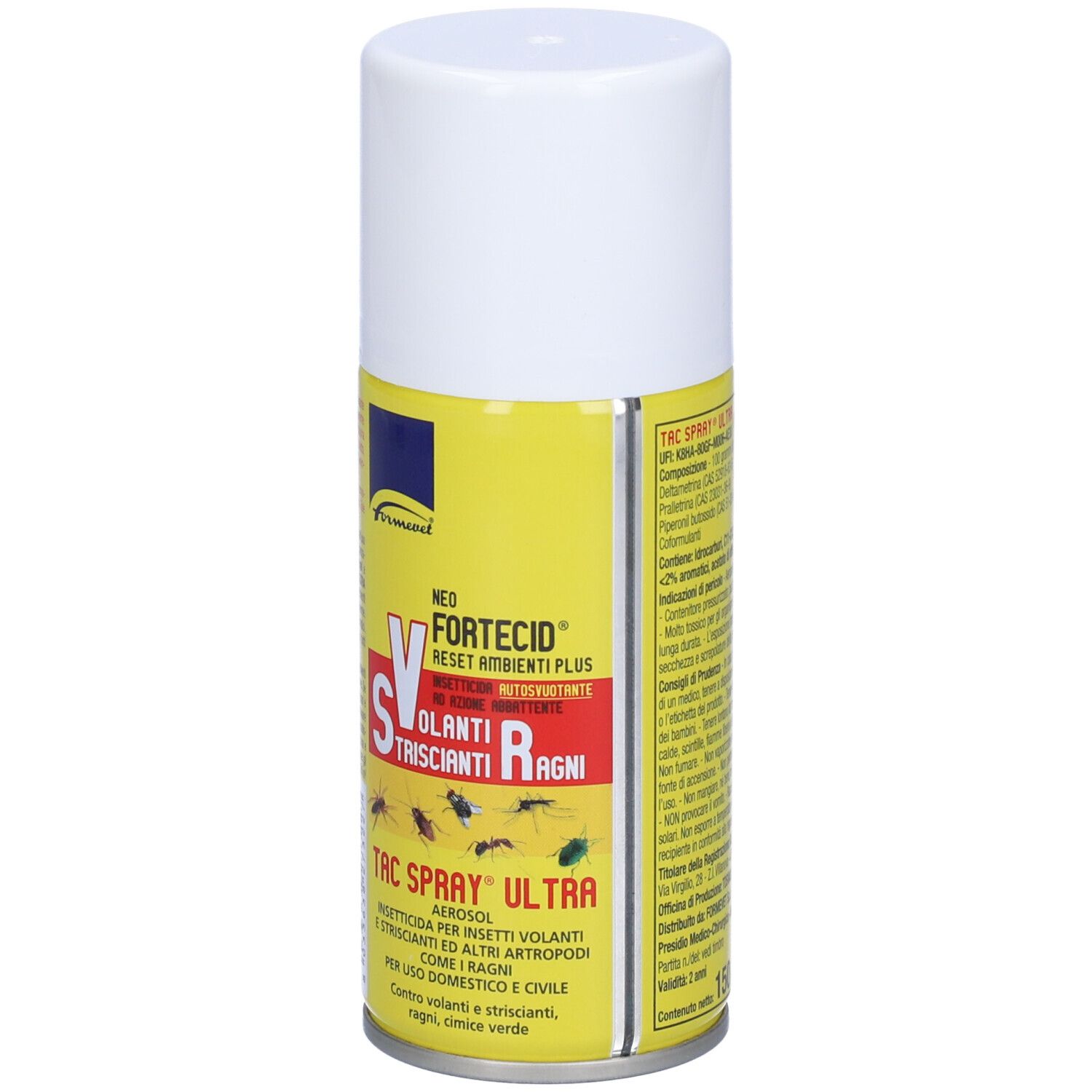 Spray aerosol con tappo bianco ed etichetta gialla. Scritta: Neo Fortecid Reset Ambienti Plus. Contro insetti volanti e striscianti.