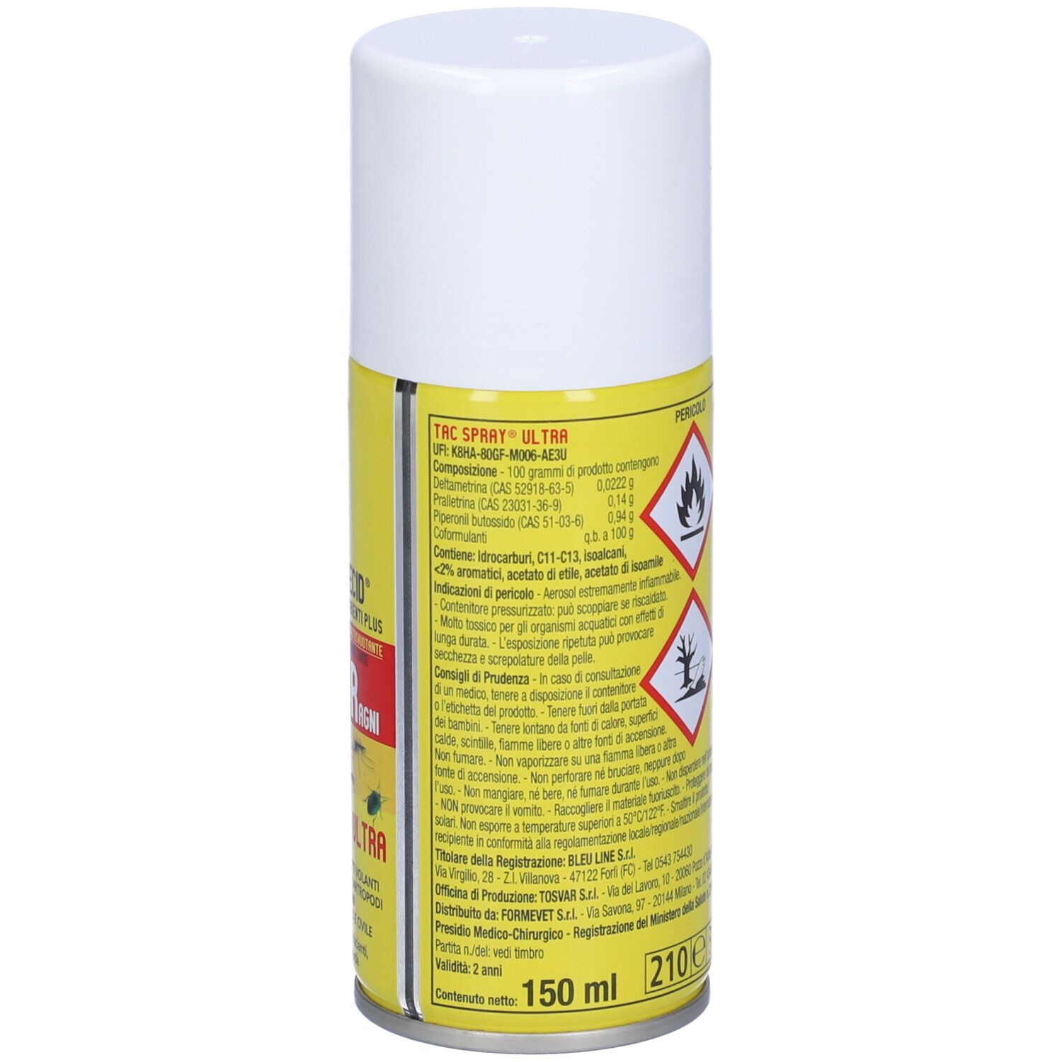Spray aerosol con etichetta gialla e tappo bianco. Contiene simboli di pericolo e testo. Volume: 150 ml. Testo in italiano.