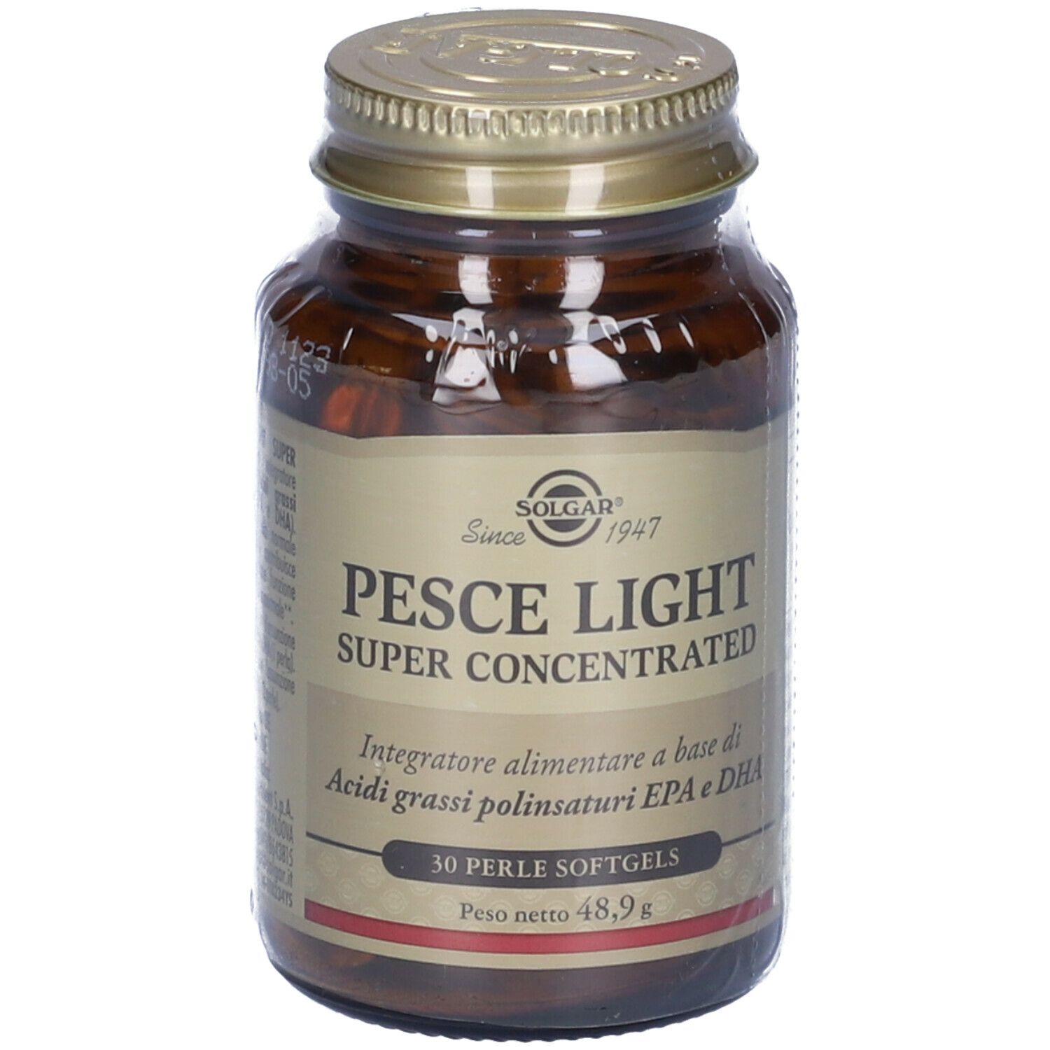 Flacone di vetro marrone con tappo dorato. Scritta: SOLGAR® Pesce Light Super Concentrato. 30 capsule molli.