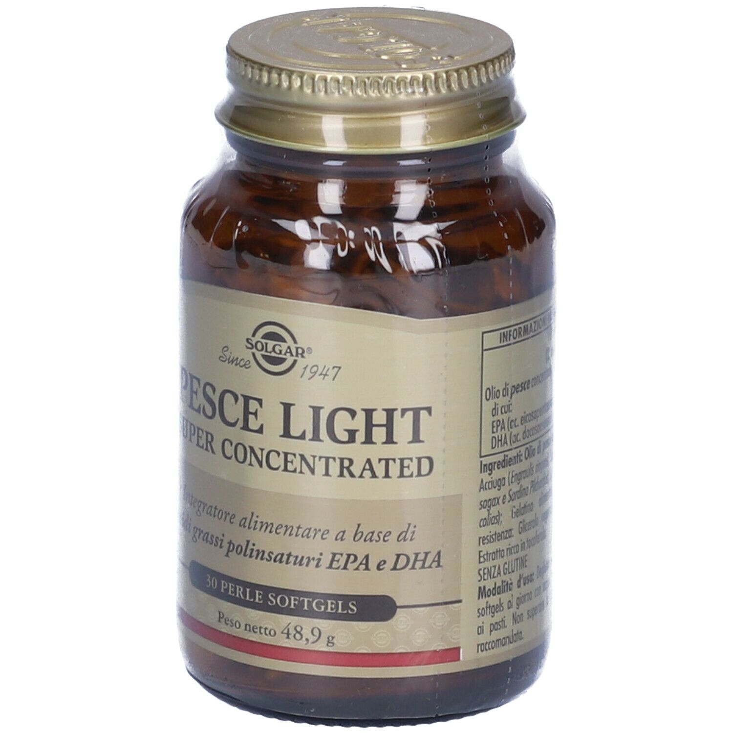 Flacone di vetro marrone con tappo dorato. Scritta: SOLGAR® Pesce Light Super Concentrato. 30 capsule molli.