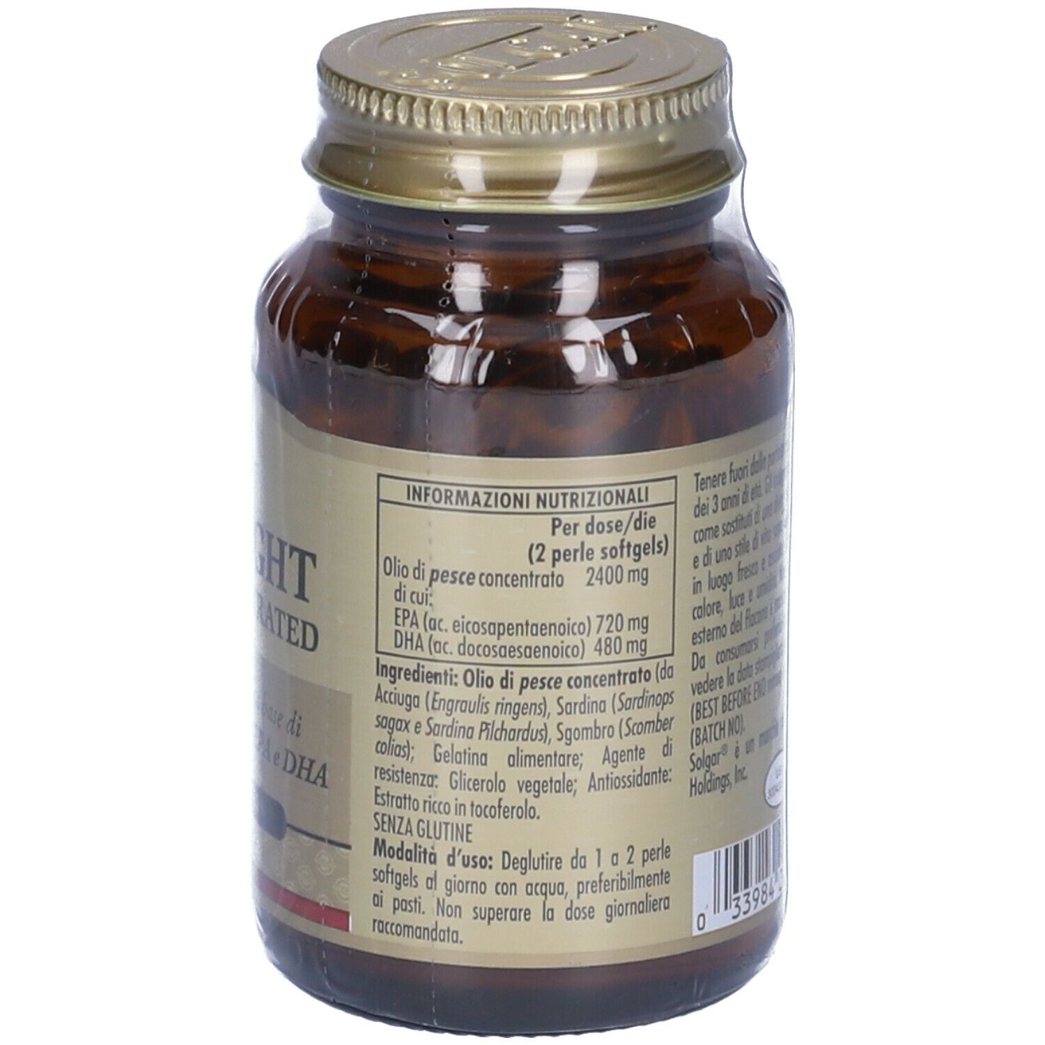 Retro del flacone di vetro marrone. Testo: Pesce Light Super Concentrato. Informazioni nutrizionali e ingredienti.