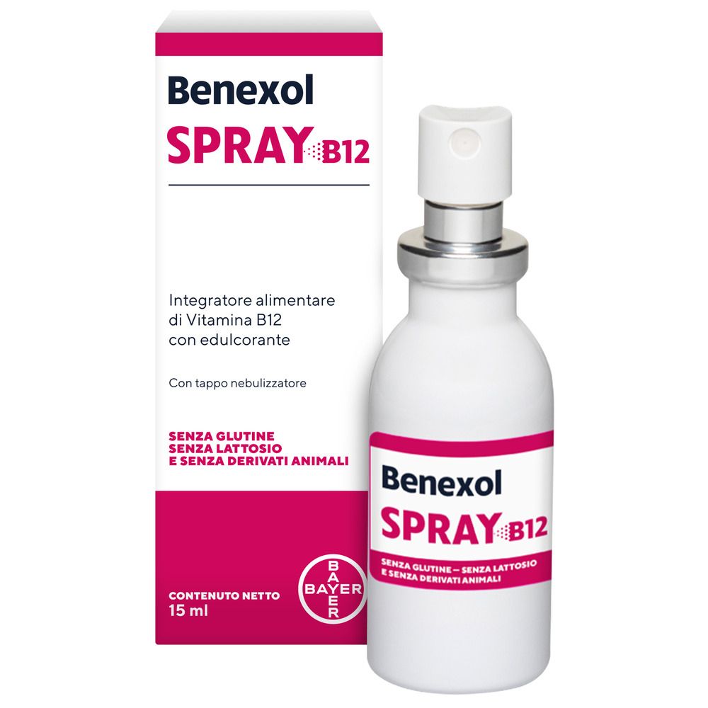 Benexol Spray B12. Flacone con nebulizzatore e confezione. Integratore alimentare di vitamina B12.