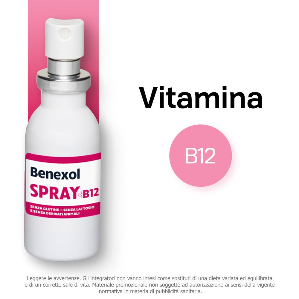 Benexol Spray B12. Flacone con nebulizzatore. Testo: 'Vitamina B12'. Sfondo rosa.