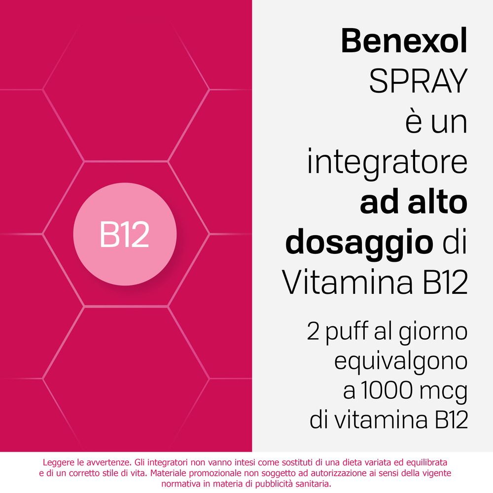 Testo: 'Benexol SPRAY è un integratore ad alto dosaggio di Vitamina B12'. Sfondo rosa con simbolo B12.