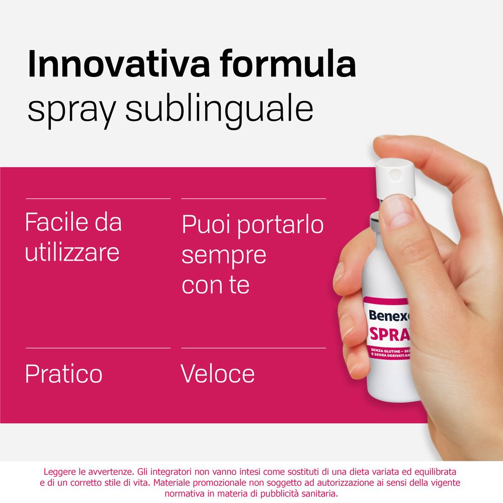 Testo: 'Innovativa formula spray sublinguale'. Flacone Benexol Spray. 'Facile da utilizzare'.