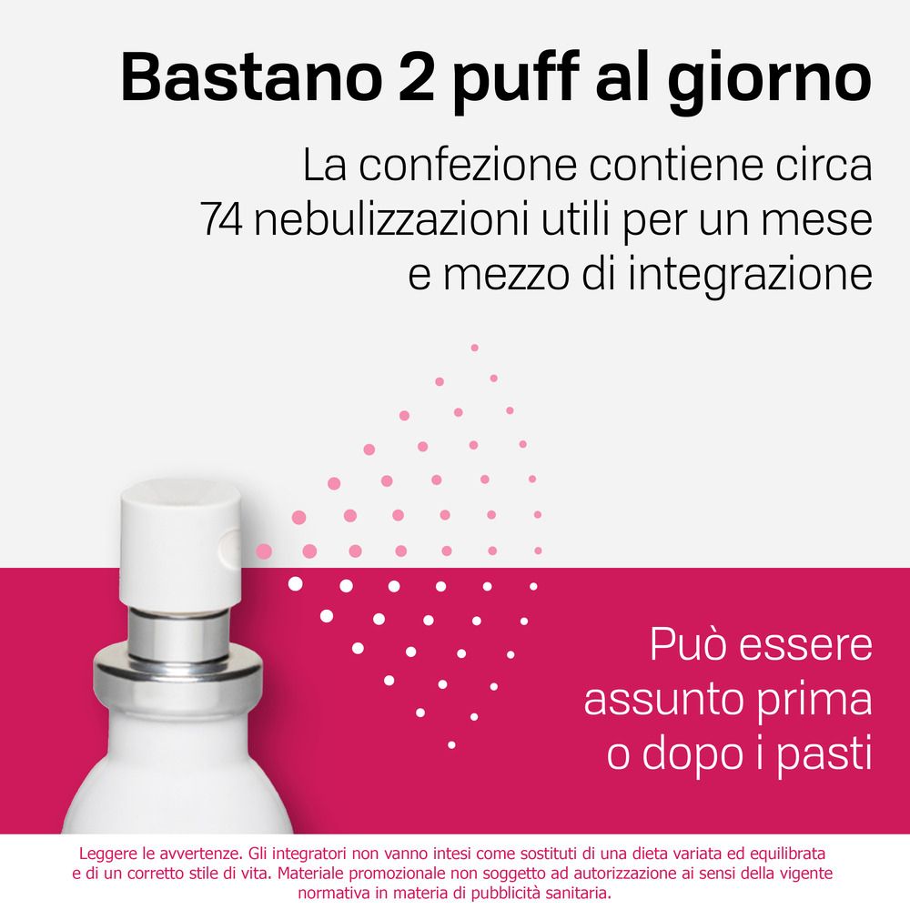 Testo: 'Basta 2 puff al giorno'. Flacone Benexol Spray. 'Può essere assunto prima o dopo i pasti'.