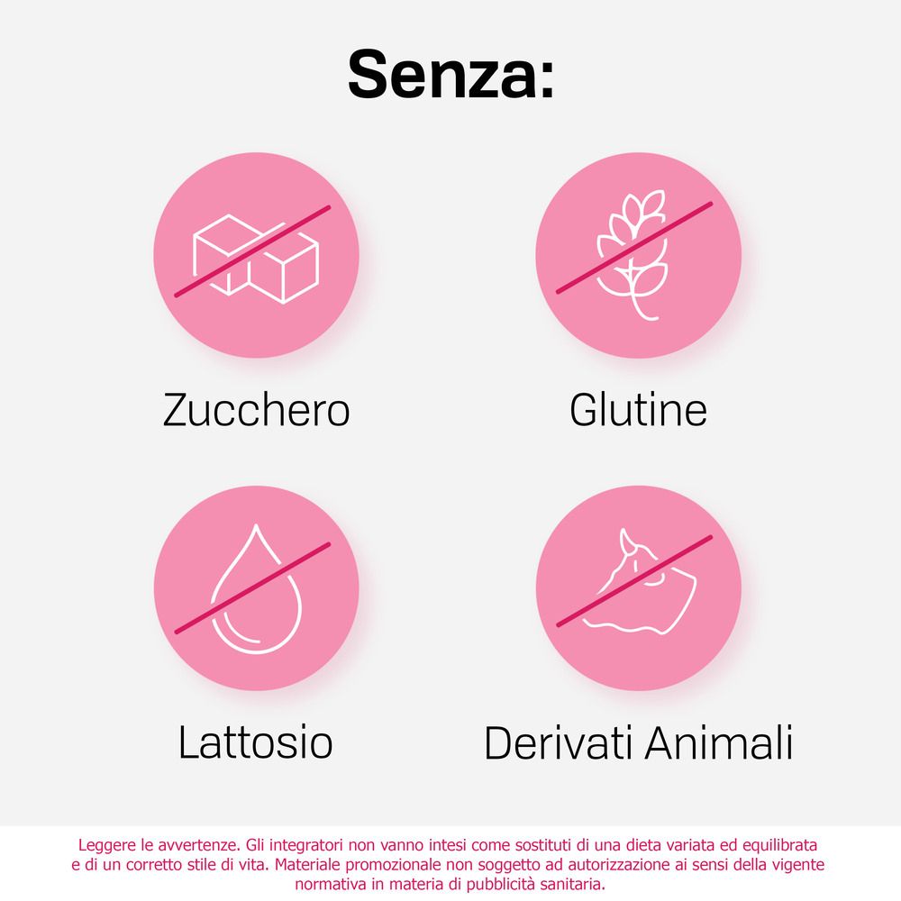 Testo: 'Senza: Zucchero, Glutine, Lattosio, Derivati Animali'. Sfondo rosa.