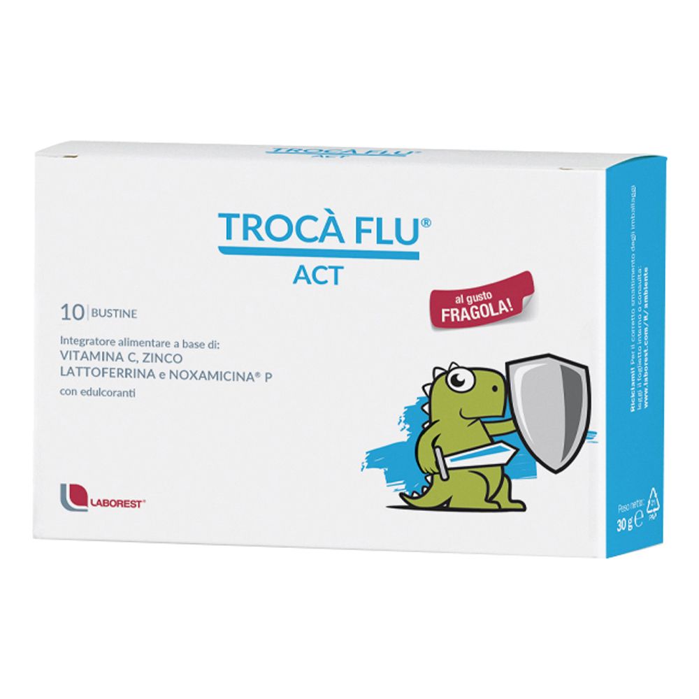 Scatola bianca con logo "Trocà Flu Act", 10 bustine, gusto fragola. Illustrazione di un drago verde con scudo e spada.