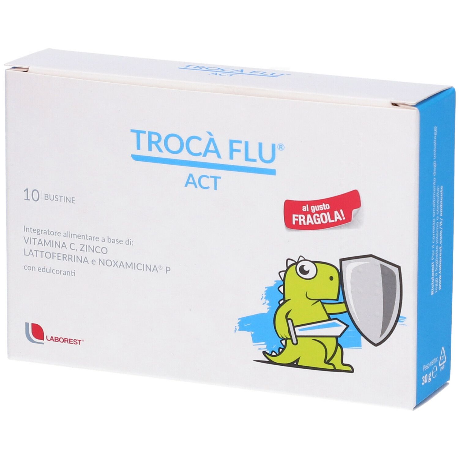 Scatola bianca con logo "Trocà Flu Act", 10 bustine, gusto fragola. Drago verde con scudo e spada.