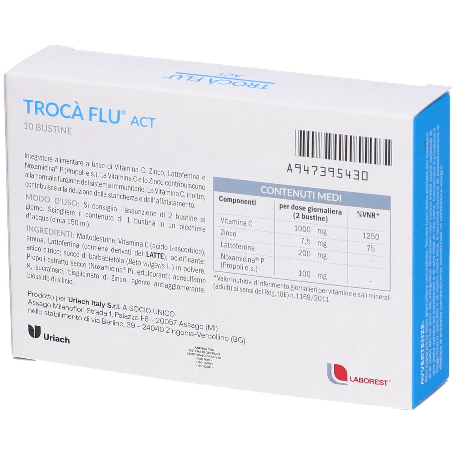 Scatola "Trocà Flu Act", 10 bustine. Retro con ingredienti e valori nutrizionali. Logo Laborest.