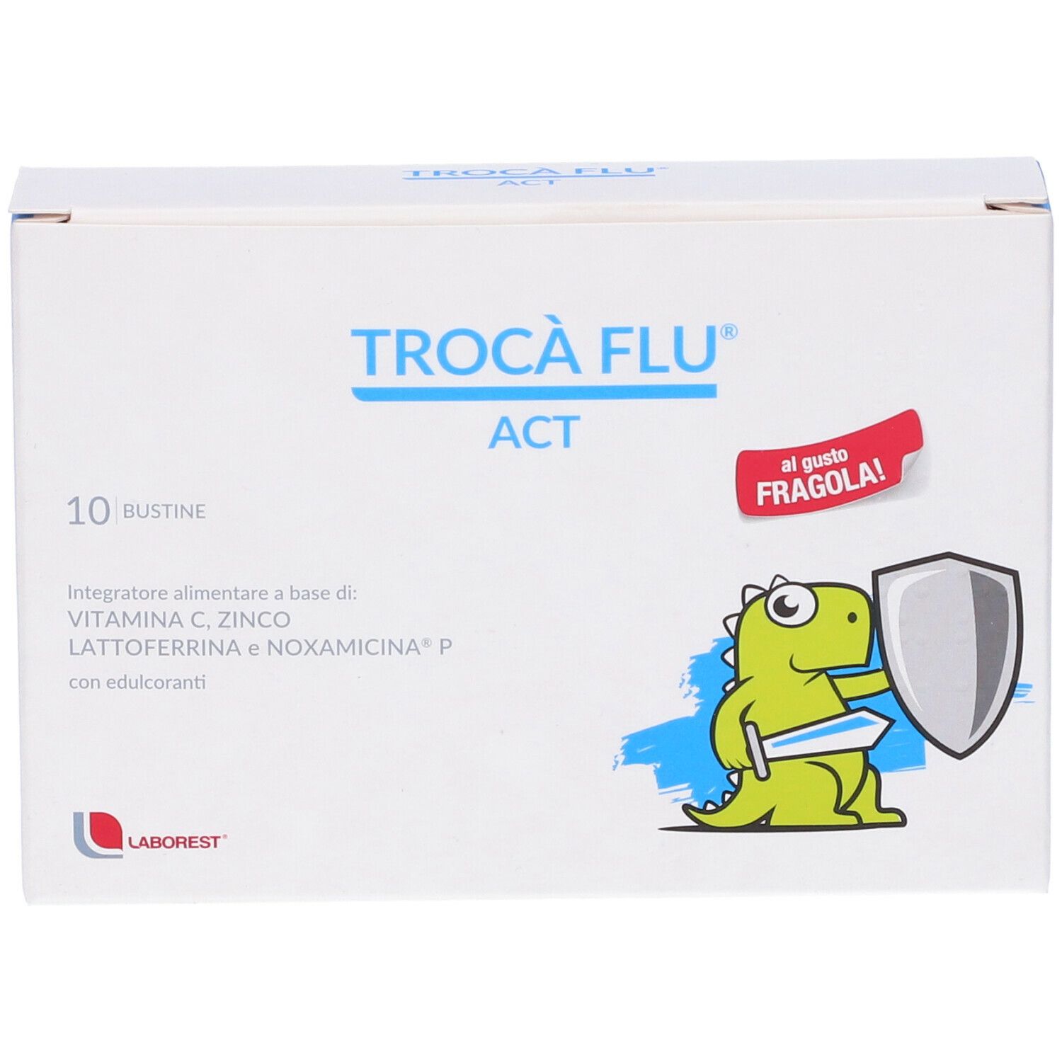 Scatola bianca con logo "Trocà Flu Act", 10 bustine, gusto fragola. Drago verde con scudo e spada.