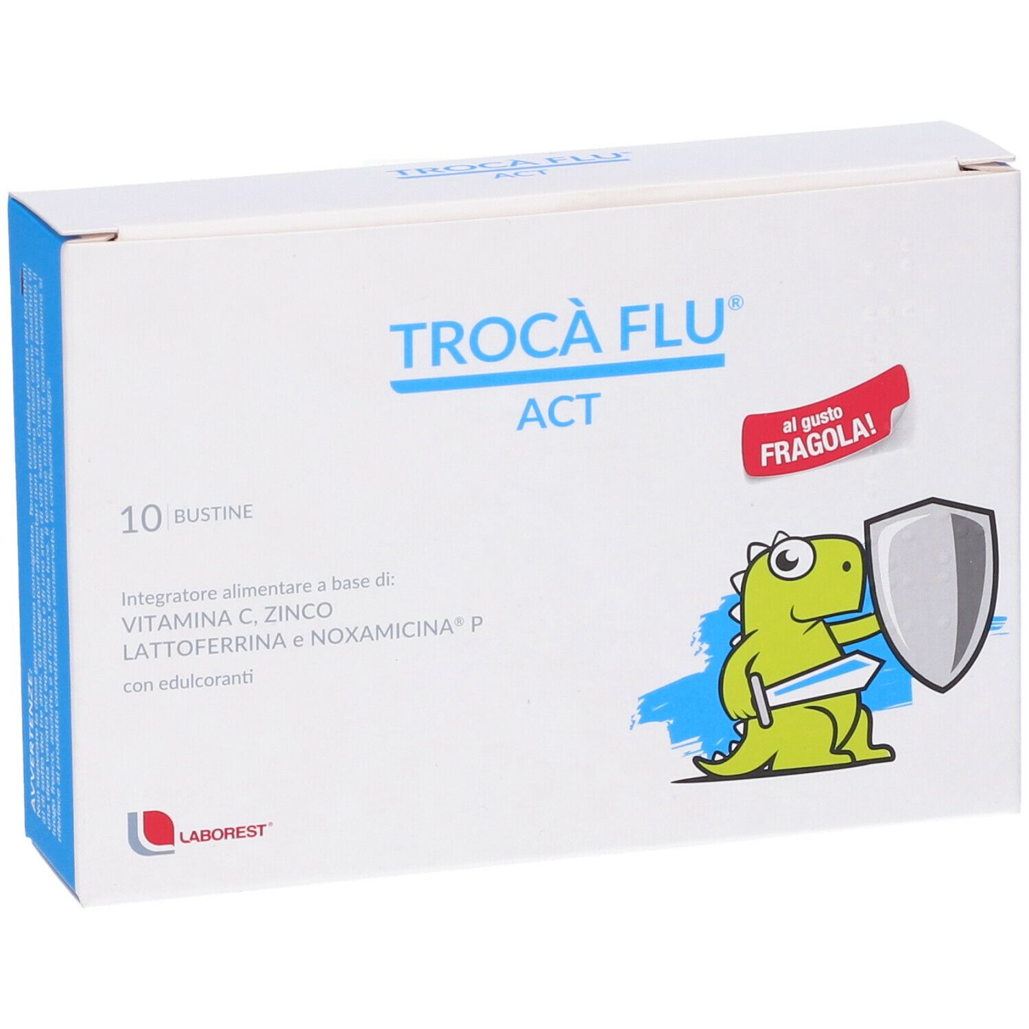 Scatola bianca con logo "Trocà Flu Act", 10 bustine, gusto fragola. Drago verde con scudo e spada.