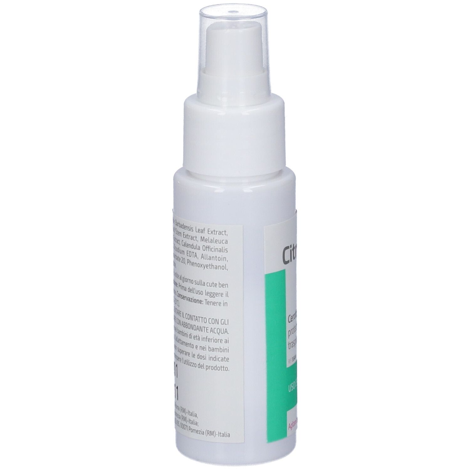 Weißes Sprayfläschchen. Aufkleber mit Inhaltsstoffen und Anwendungshinweisen. Text in italienischer Sprache. Herstellerinformationen.